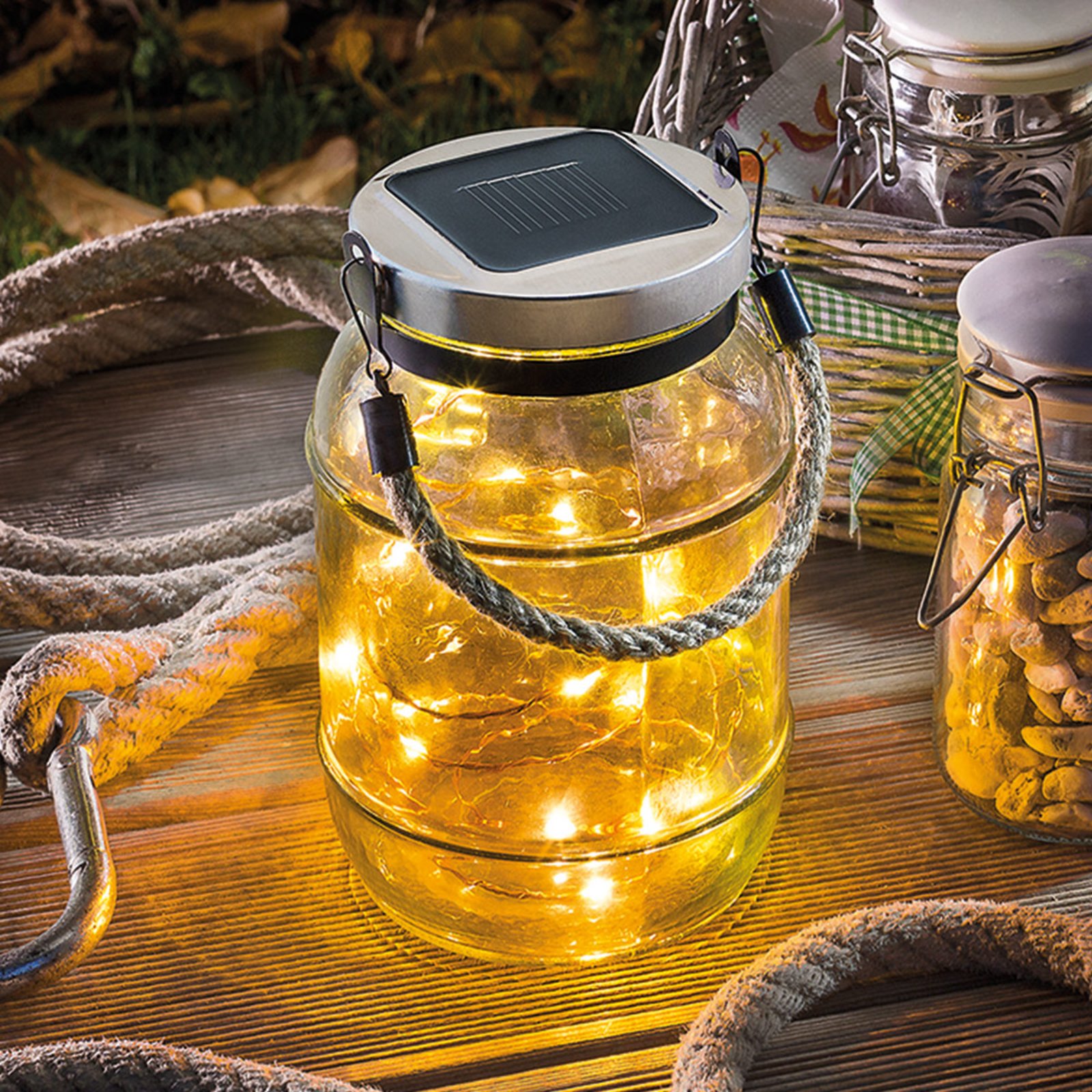 Esotec Garland solar decorative light with LED string, glass, stainless steel, rope, H: 15 cm
