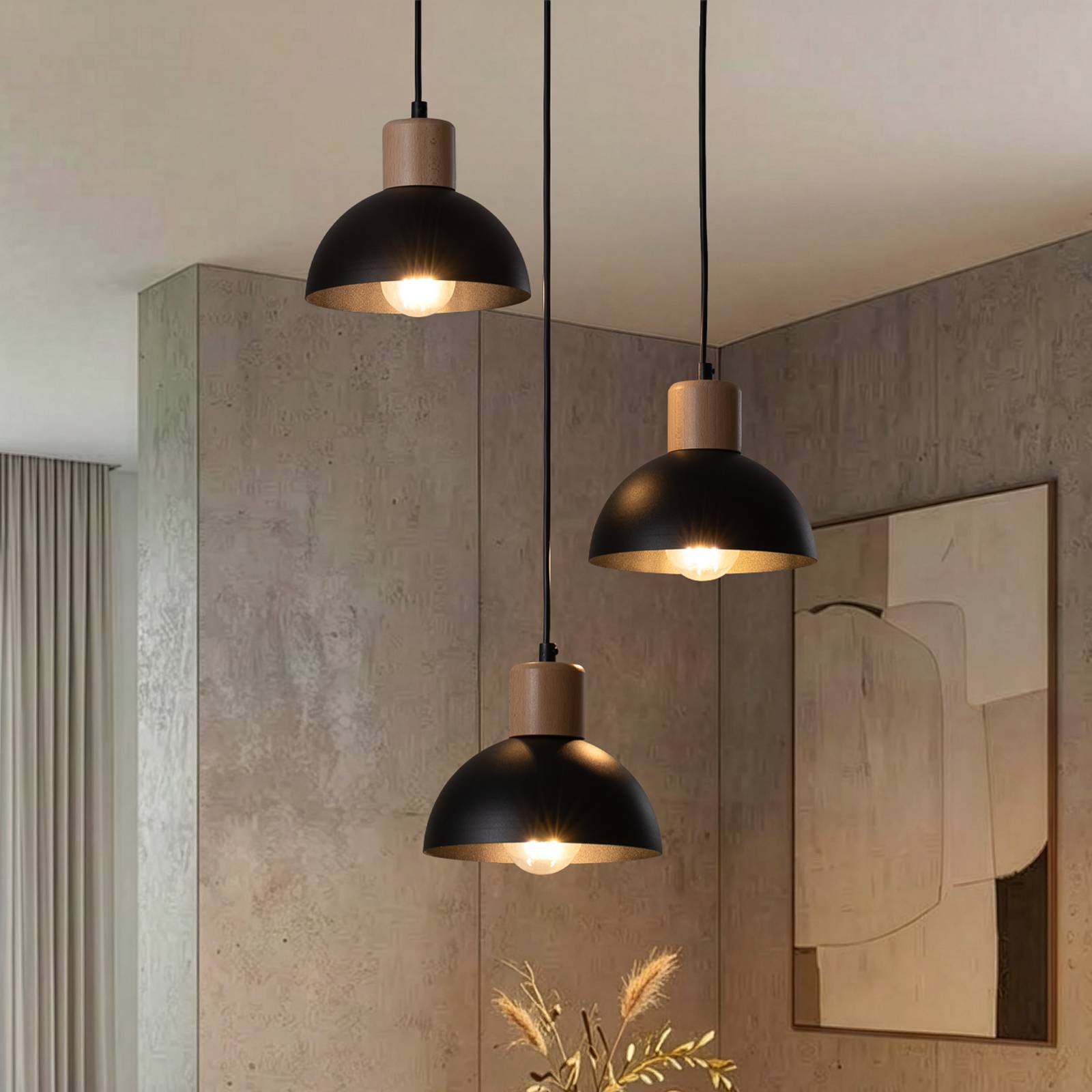 Pendellampe Seco, Ø 30 cm, schwarz, Metall/Holz, 3-flg. günstig online kaufen