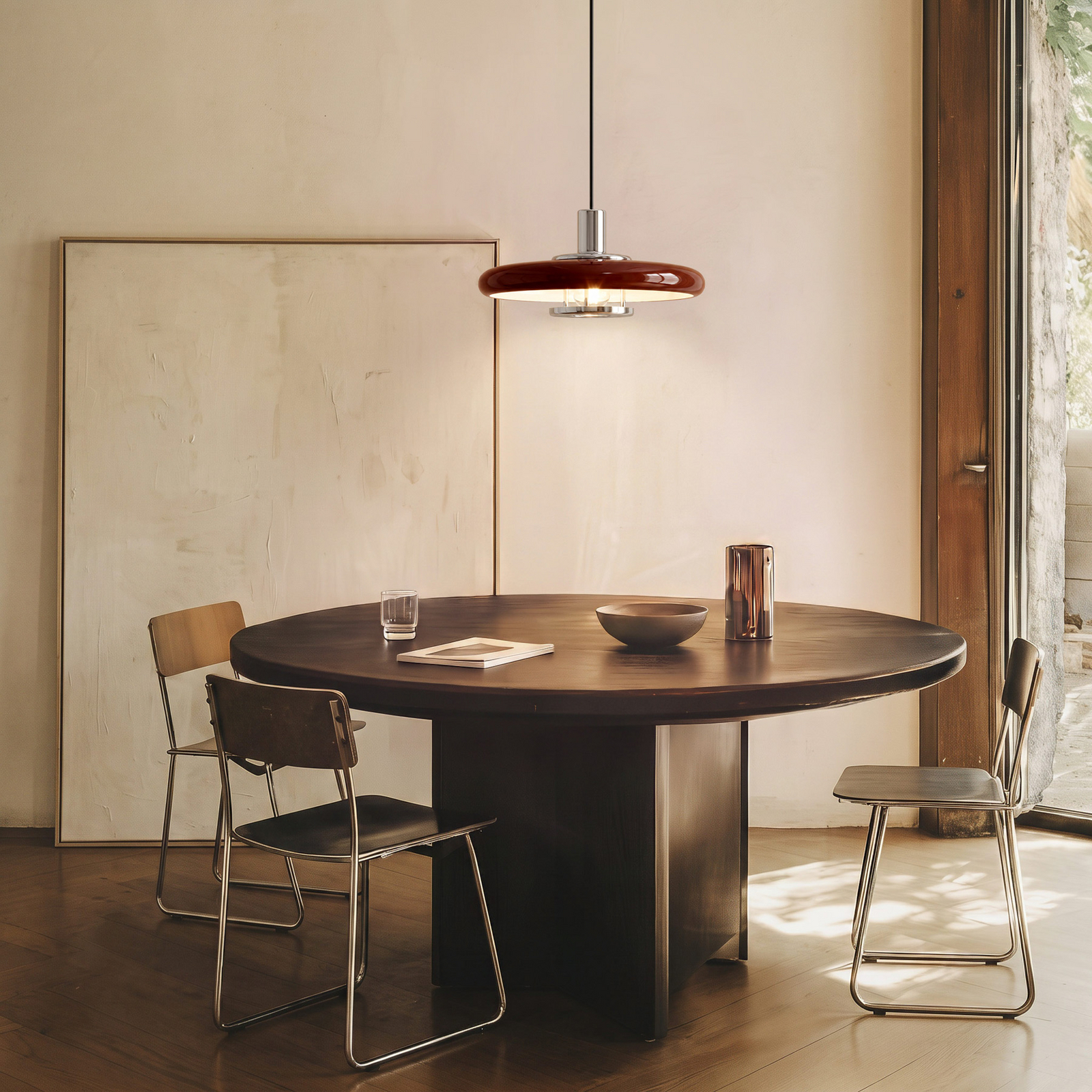 Lindby hanglamp Branford, retro, Ø 35 cm, bordeauxrood, metaal