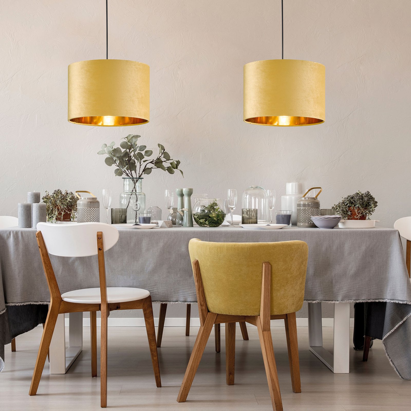 Fischer & Honsel Aura hanging light velvet lampshade Ø 30 cm yellow, for Living / Dining Room, metal, fabric, E27, 40 W, energy efficiency: A++, H: 20 cm