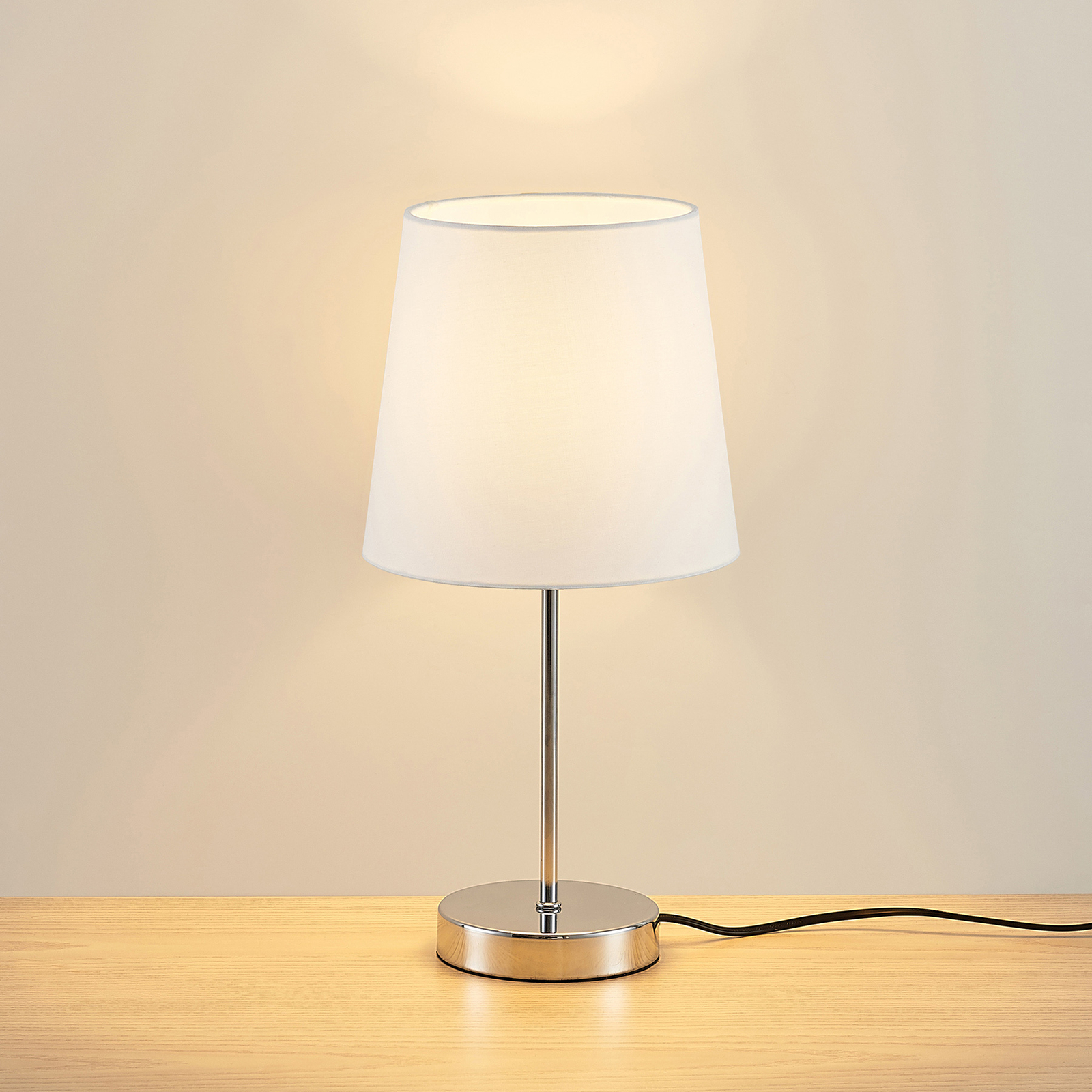 Настолна лампа Lindby Leza, хром, кръгла, бял абажур