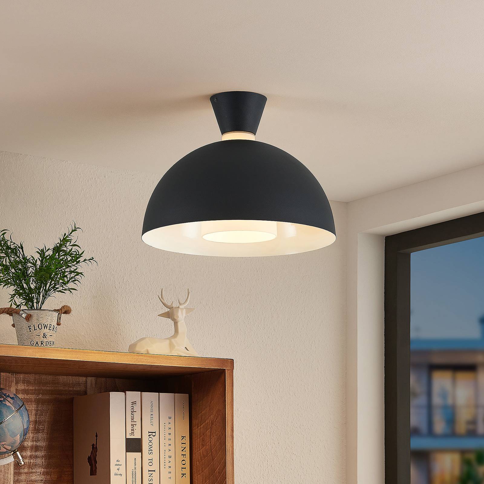 Lindby lindby Onavi plafondlamp, zwart-wit, voor woon-/ eetkamer, ijzer, glas, E27, 60 W, H: 30 cm