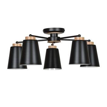 Plafondlamp Periot met hout, 5-lamps, zwart