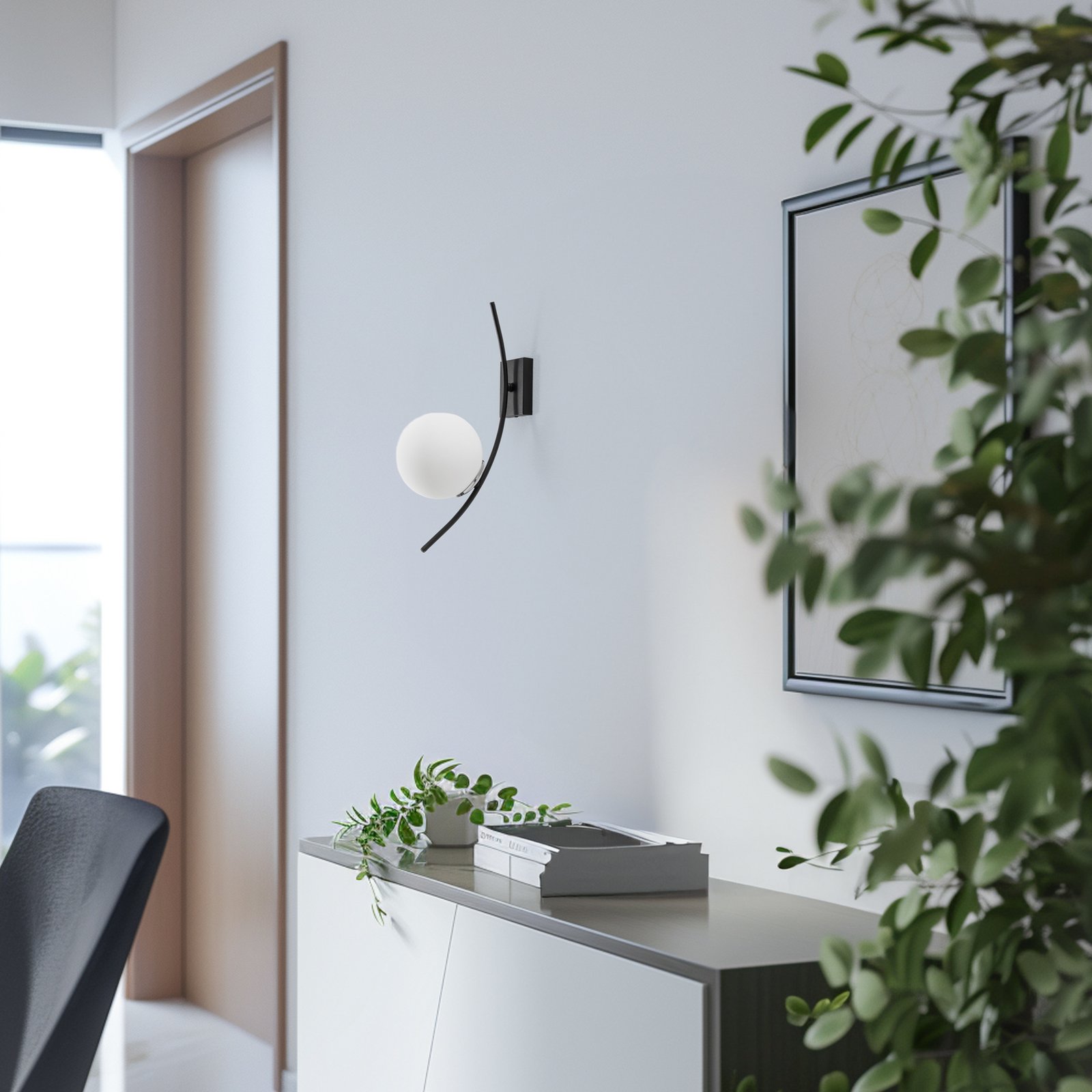 Aplique de pared Hilal 3821, negro, cristal opalino, altura 44 cm