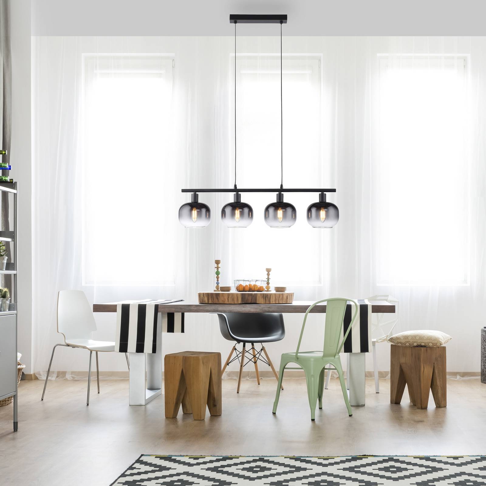 Zea hængelampe, 4 lyskilder, røggrå/sort, glas, E14