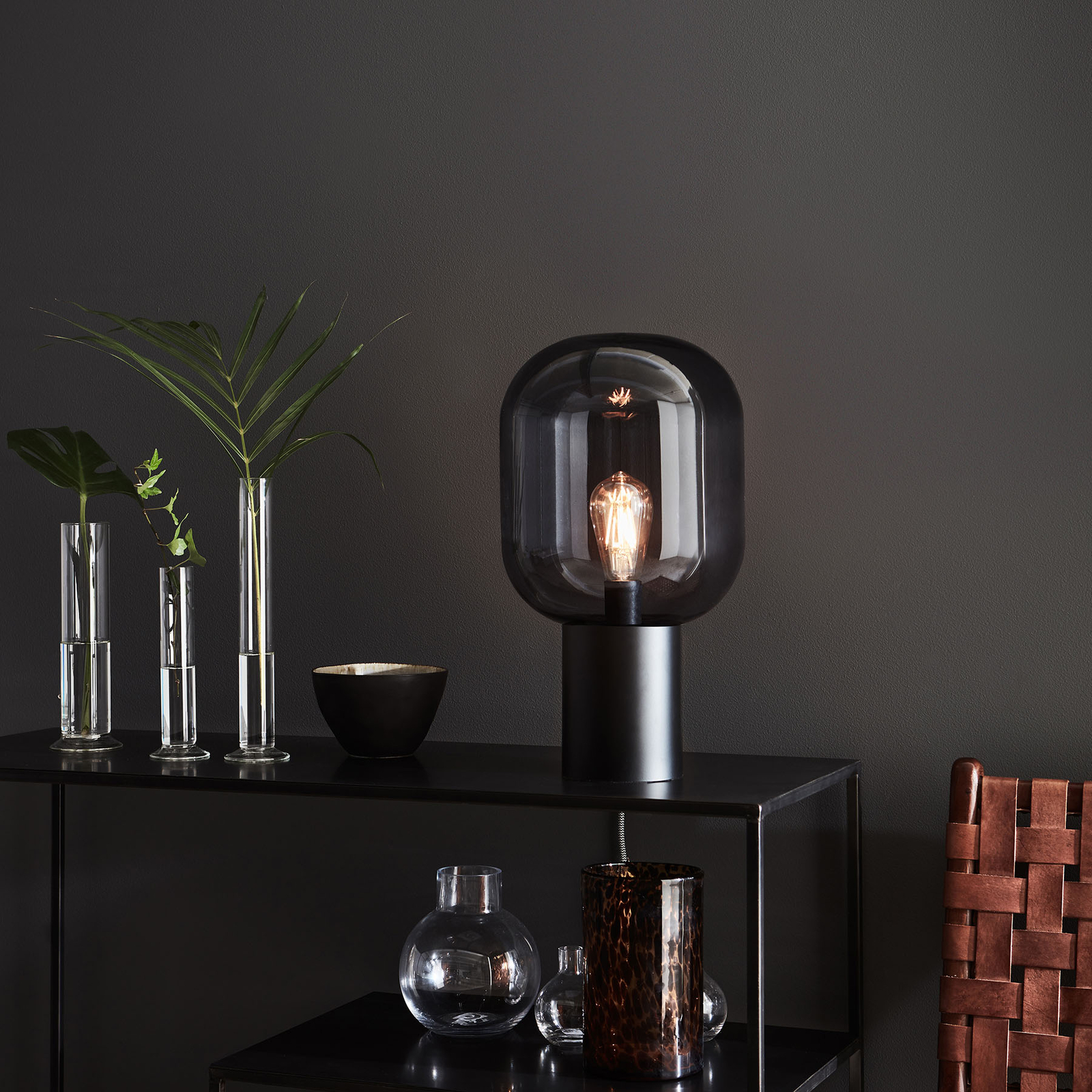 Brooklyn table lamp, smoky grey glass shade