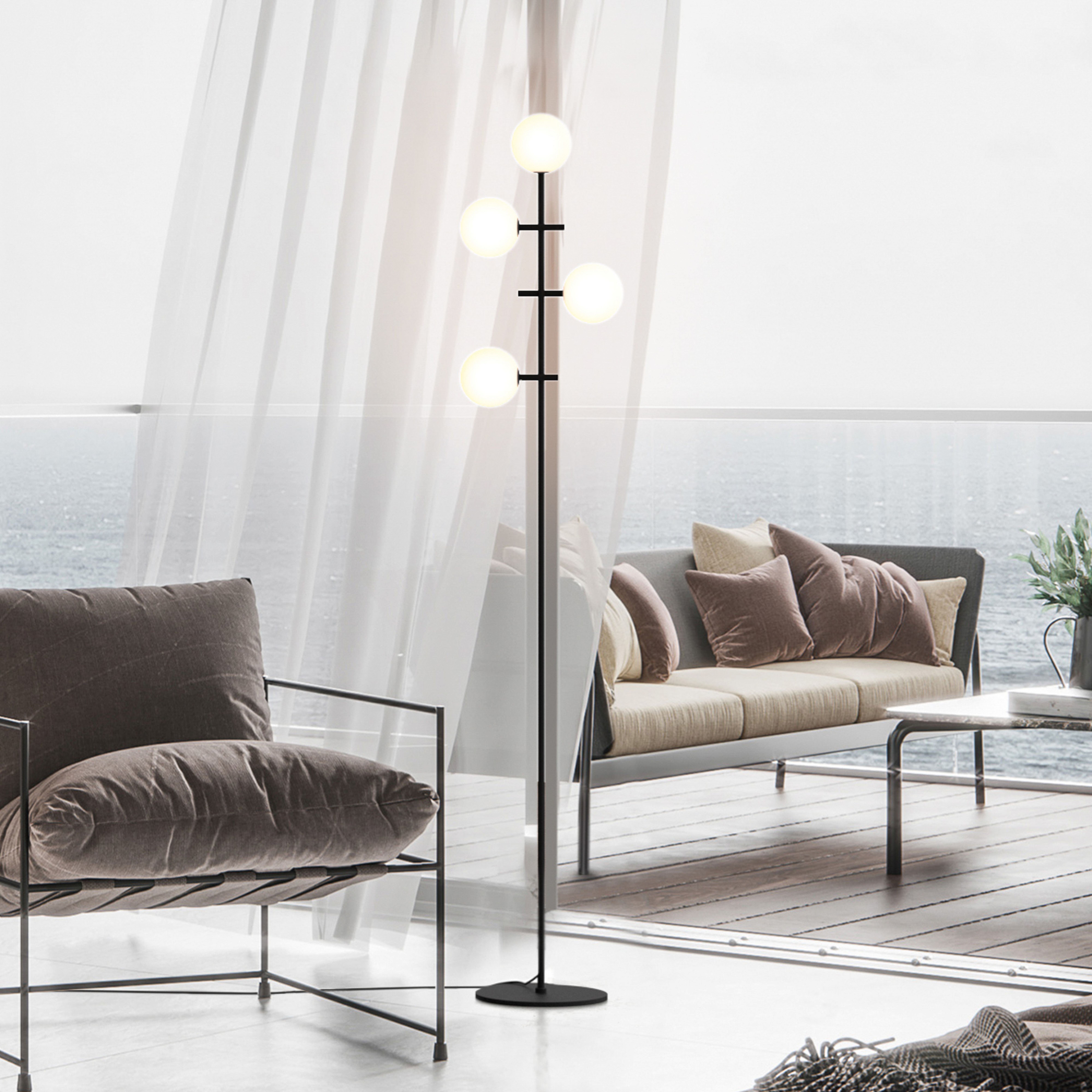 Lámpara de pie Cellar, hierro, negro, cristal, blanco, 4 luces