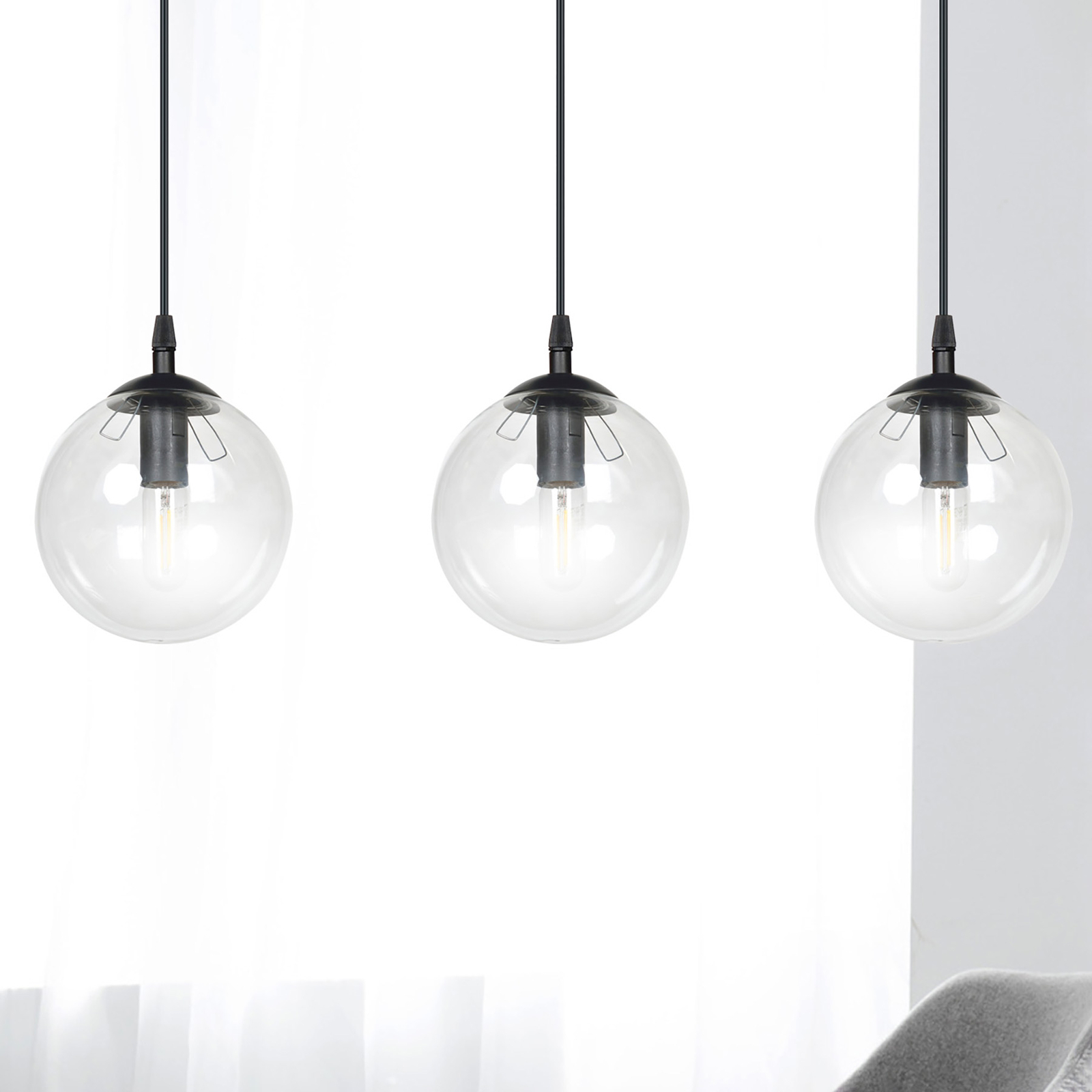 Glassy pendant light 3-bulb linear clear glass