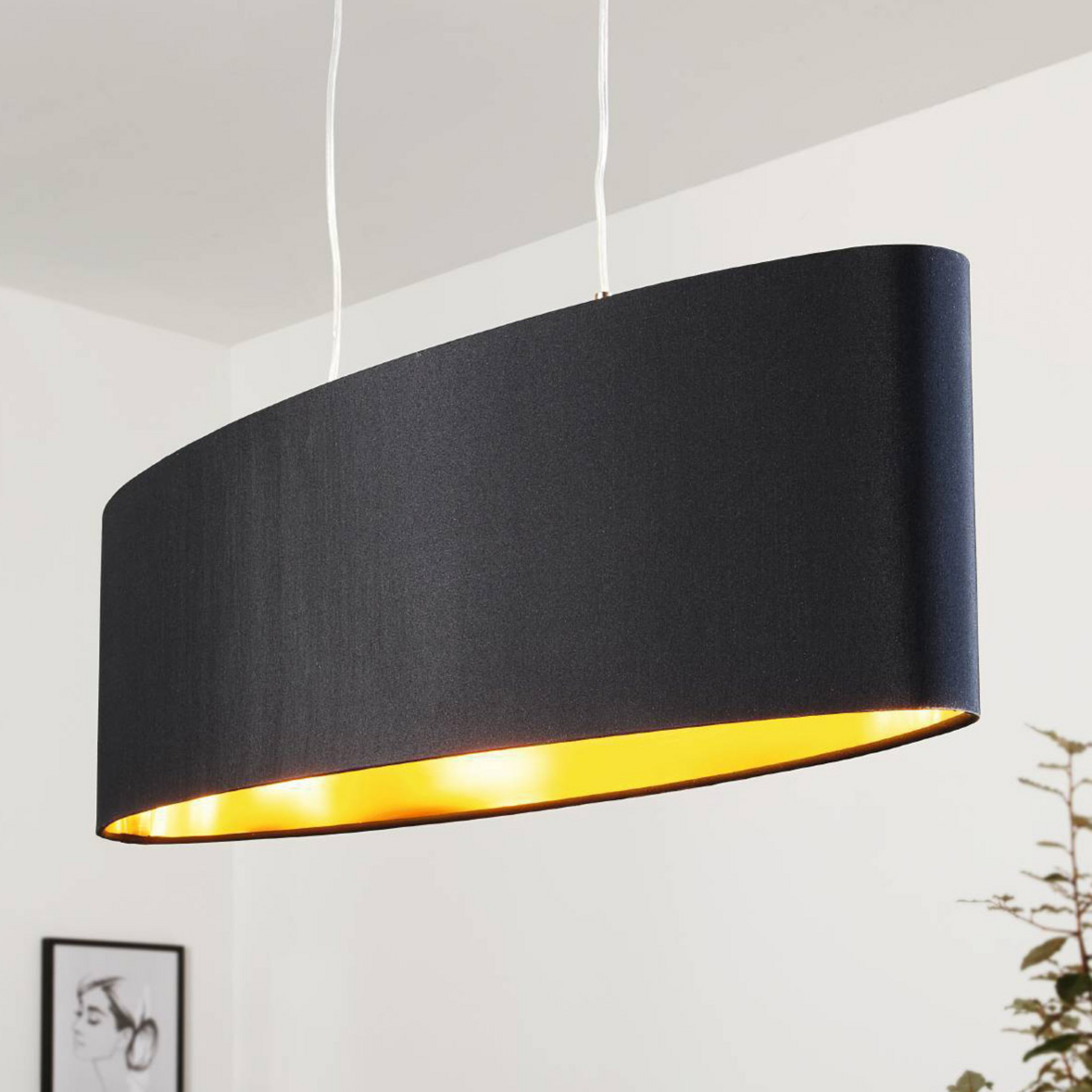 Goud-zwarte stoffen hanglamp Lecio