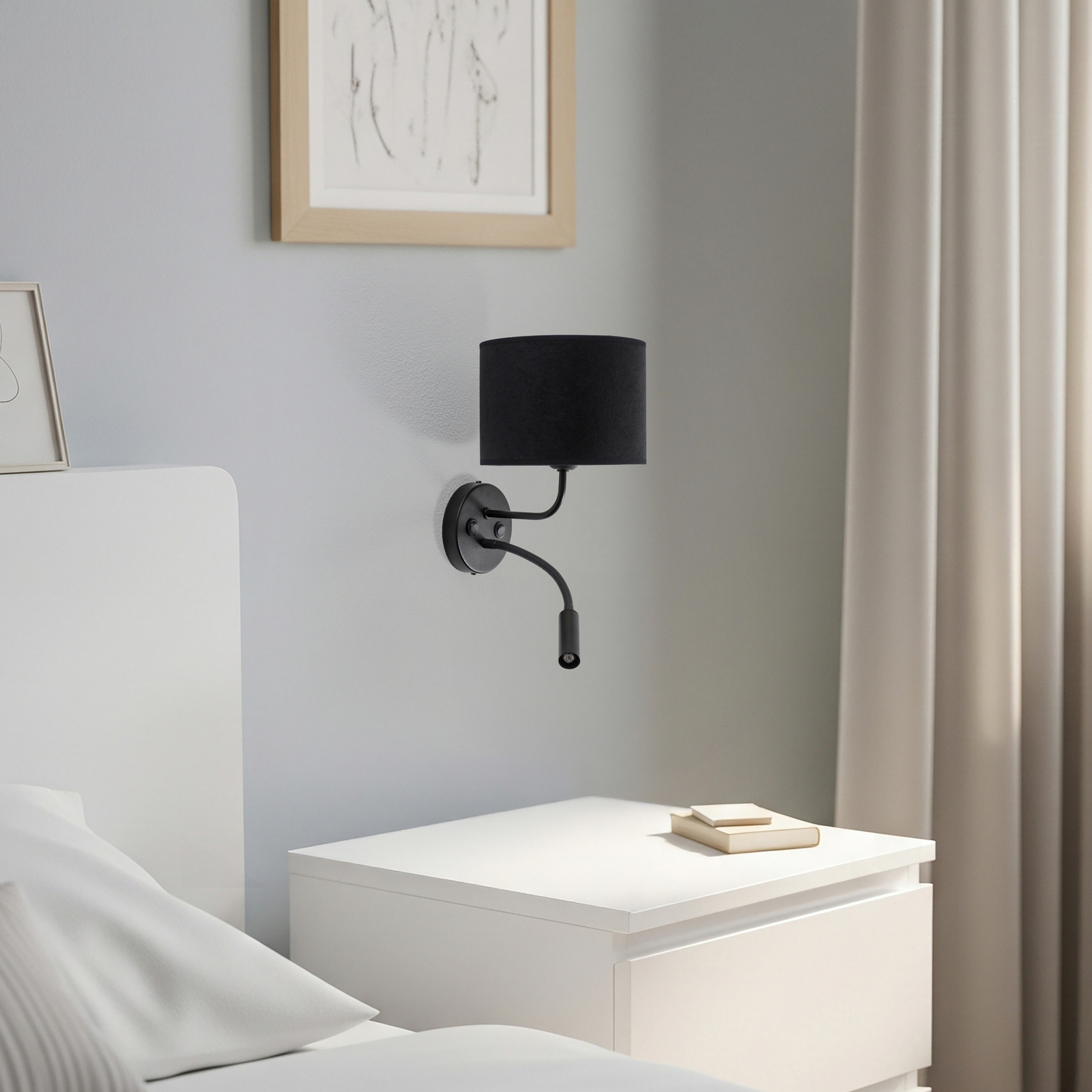 Roller wall light, velvet black, black, with reading light