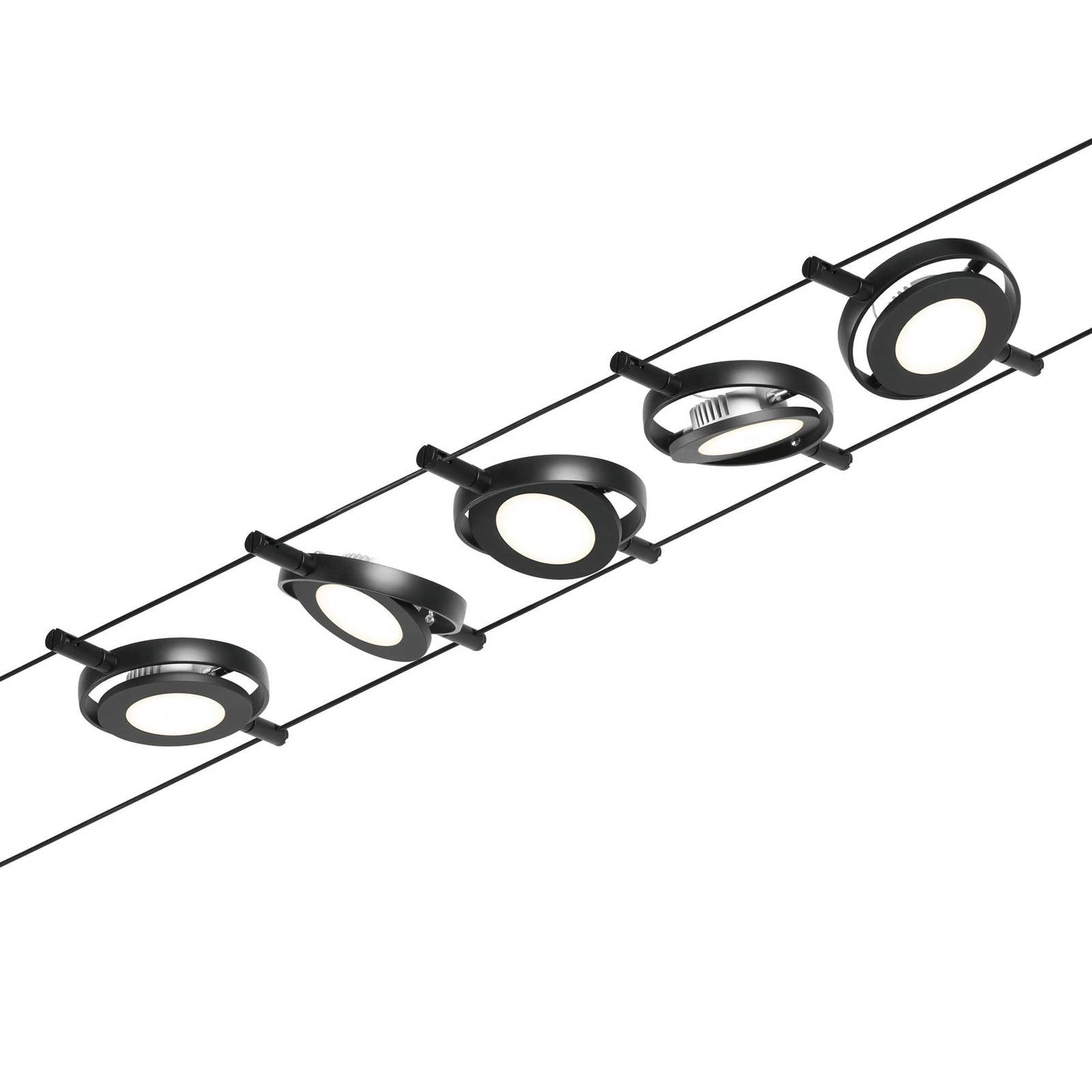 CorDuo LED Seilsystem RoundMac Basisset 5x200lm 5x45W 3000K 230 12V Schwarz matt Chrom