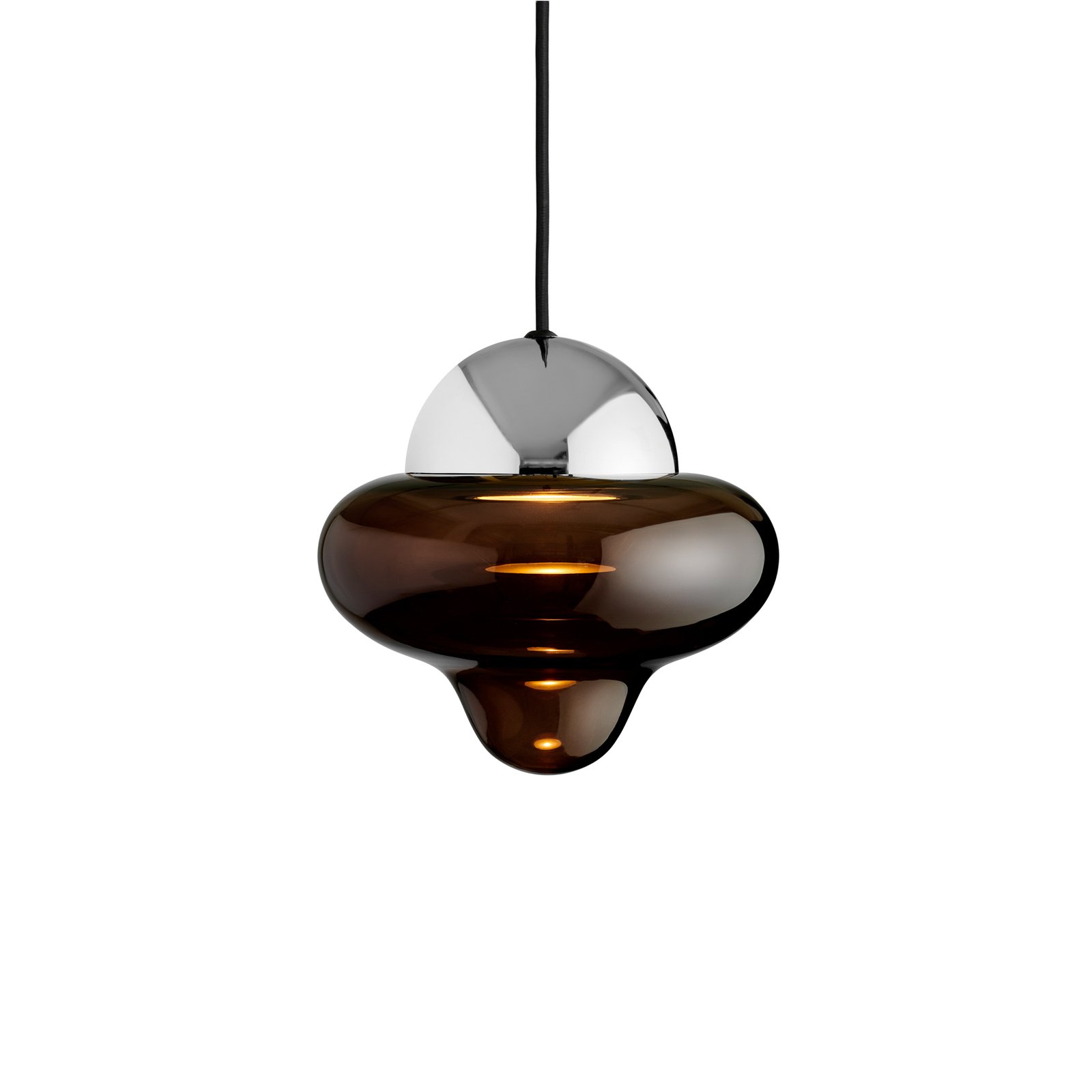 Lampada a sospensione LED Nutty, marrone/cromo, Ø 18,5 cm, vetro