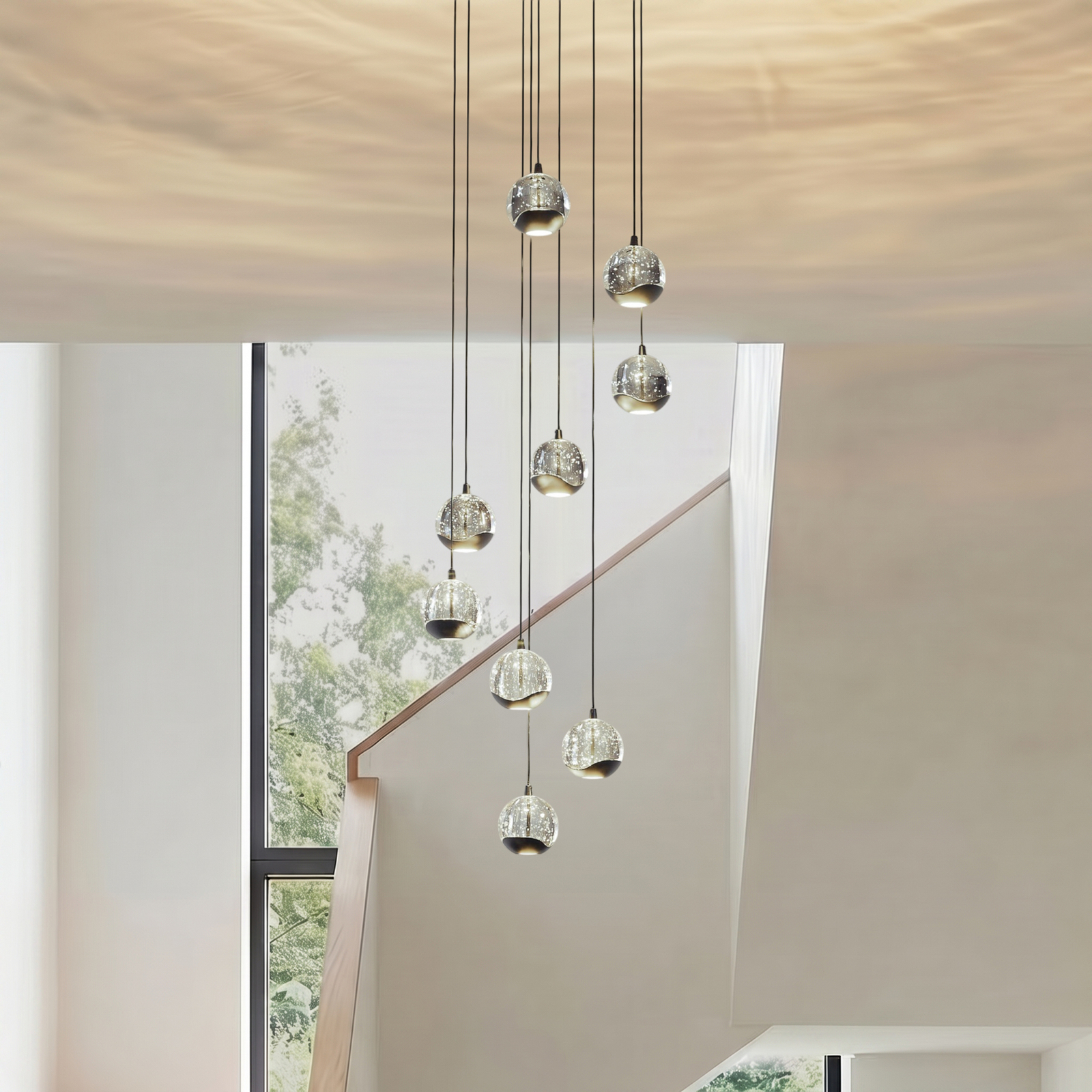 Lucande LED závěsné světlo Hayley, černá, 9 ramen, sklo