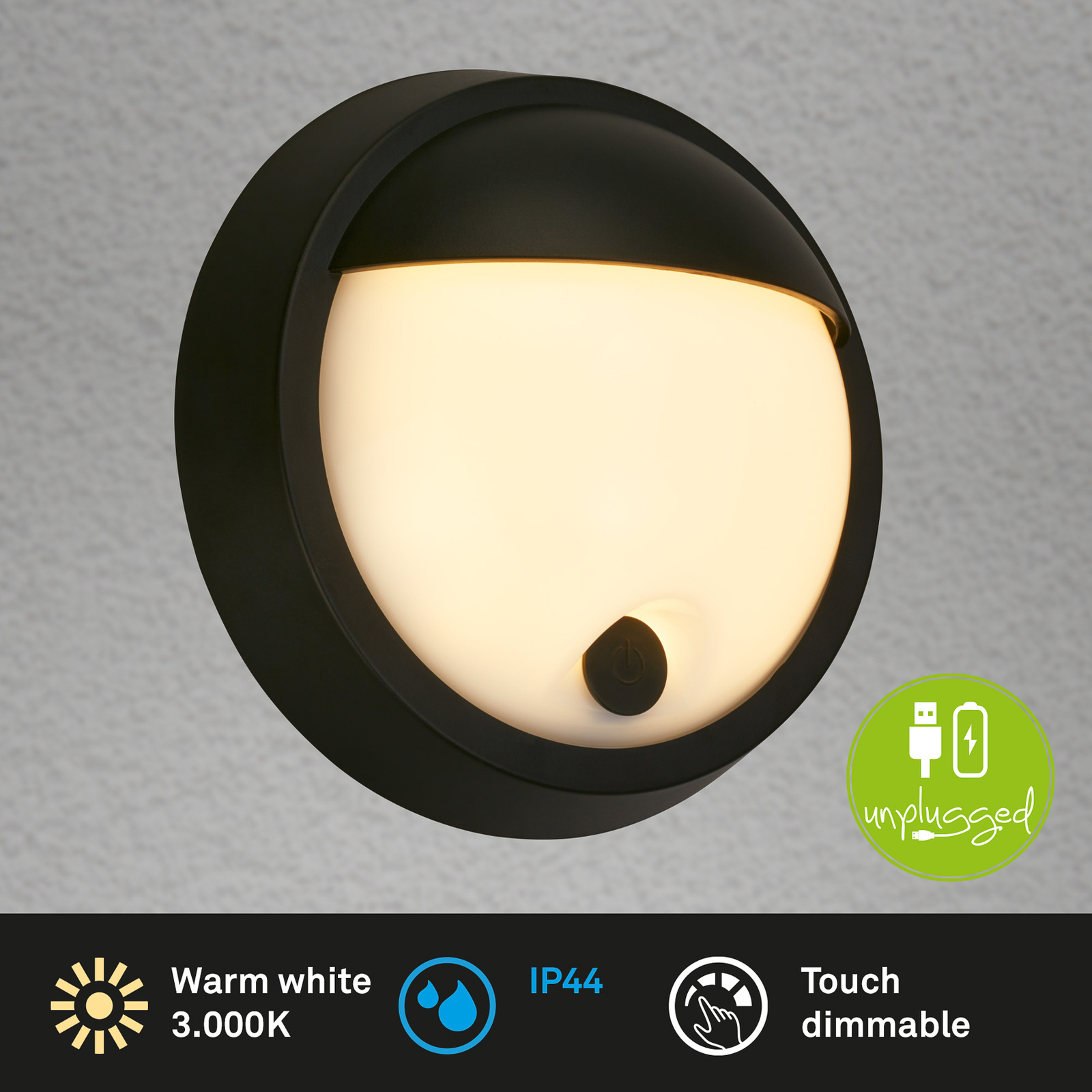 LED uzlādējams āra sienas lukturis 3784015, melns Touch dimmer Ø 17 cm