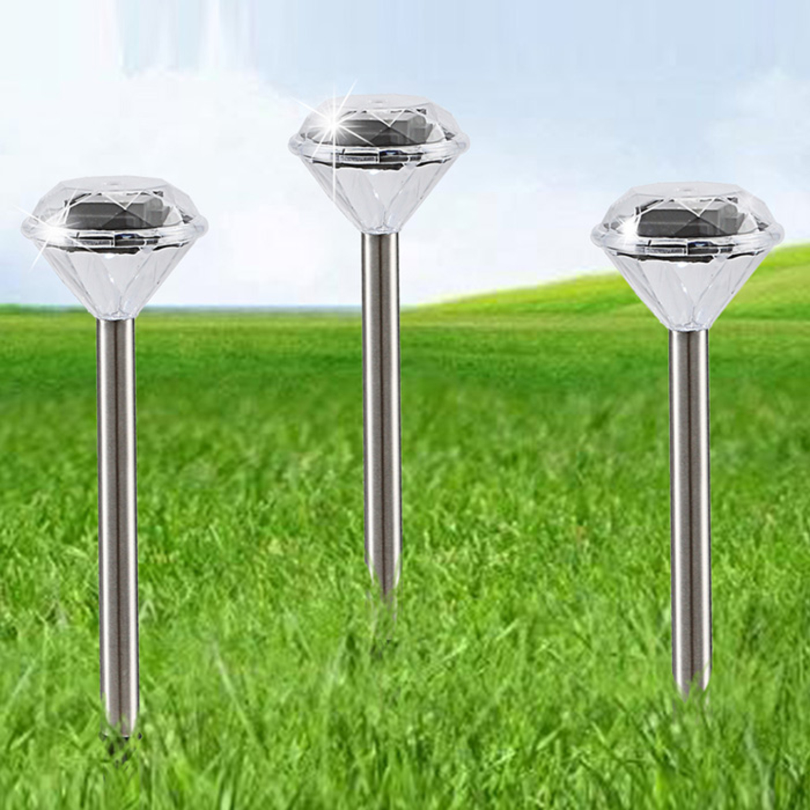 Globo Solar lights Lando in a set of 3, diamond look, stainless steel, plastic, 0.06 W, H: 34 cm
