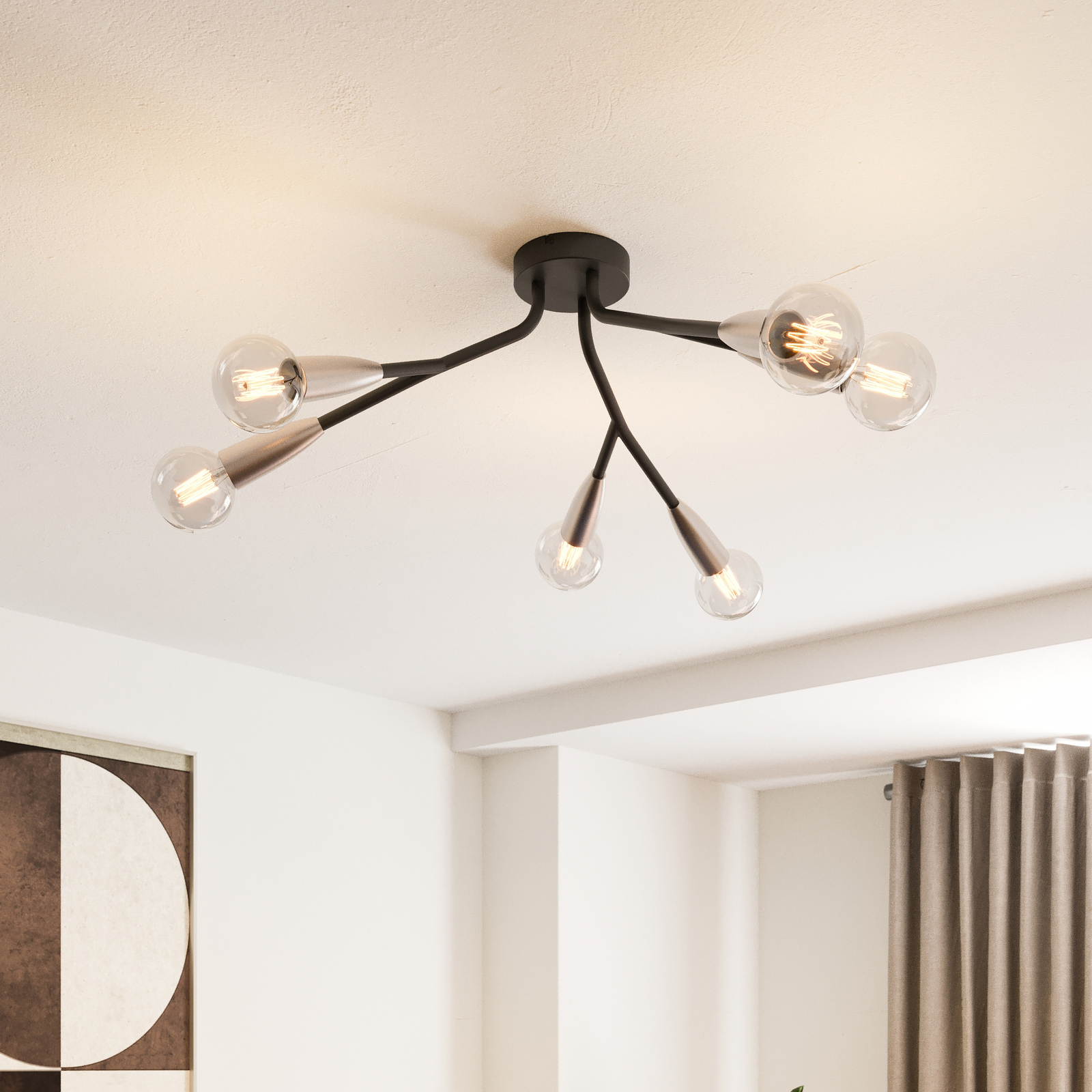 Lucande Carlea plafondlamp, 6-lamps zwart-nikkel