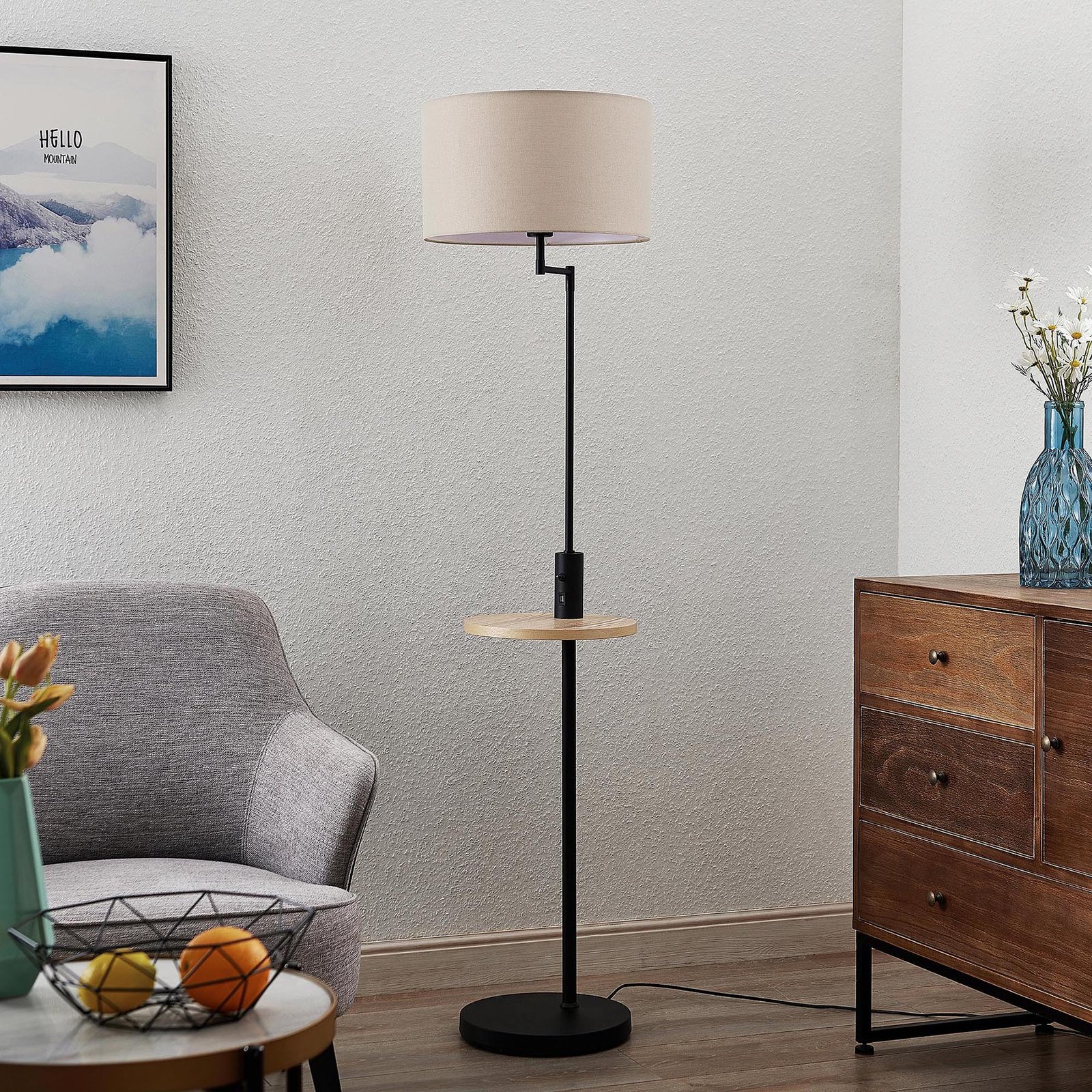 Zinia Floor Lamp Black/Grey/Wood - Lindby