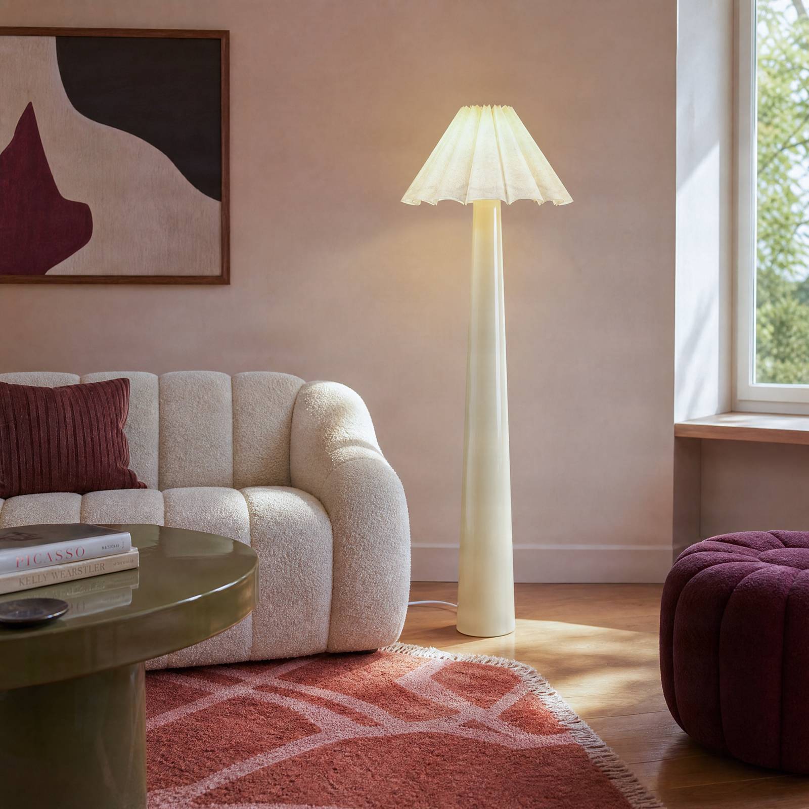 Lampa stojąca Lindby Lotte, 150 cm, beżowa, metal, tkanina, E27
