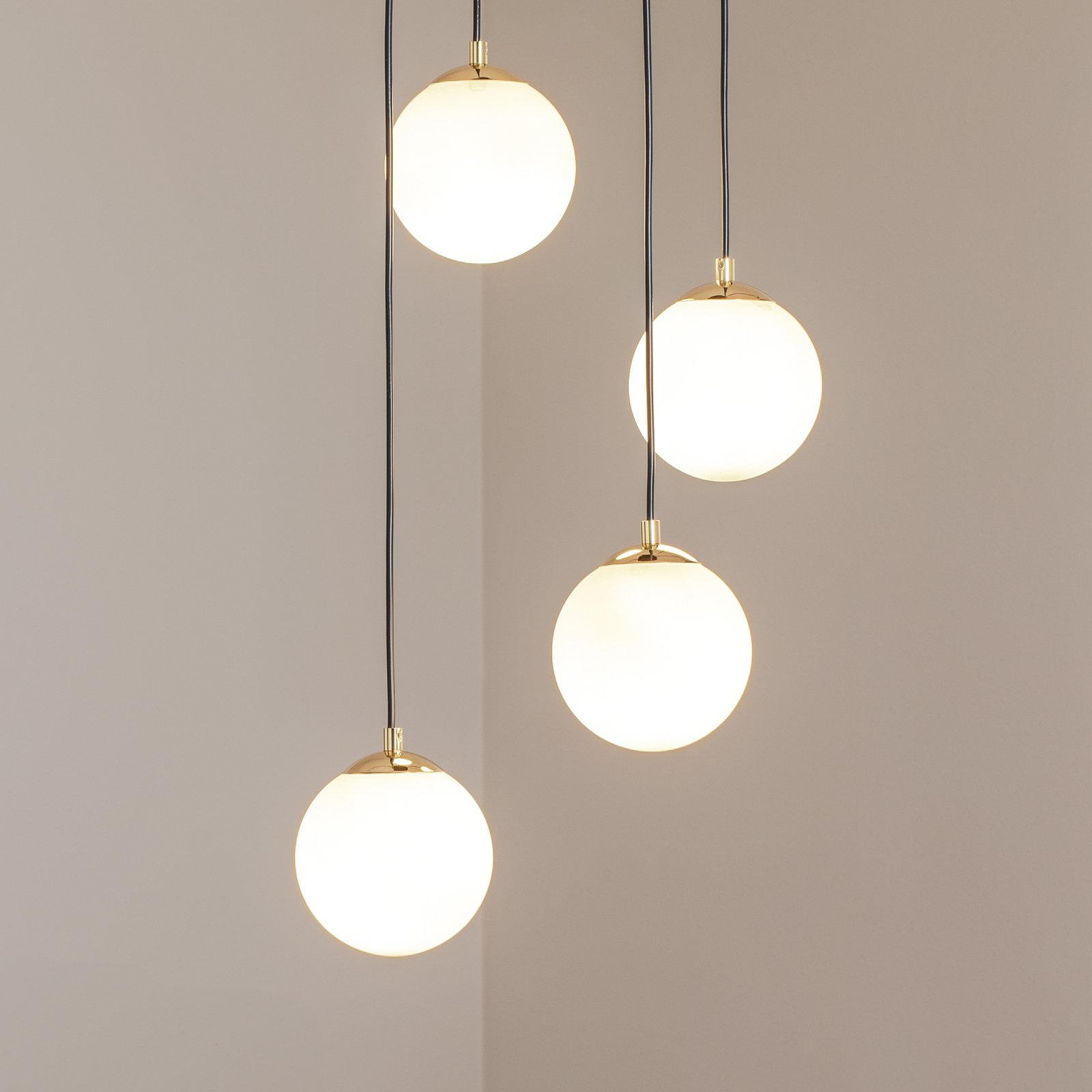 Glassy pendant light, 4-bulb, round, black/opal