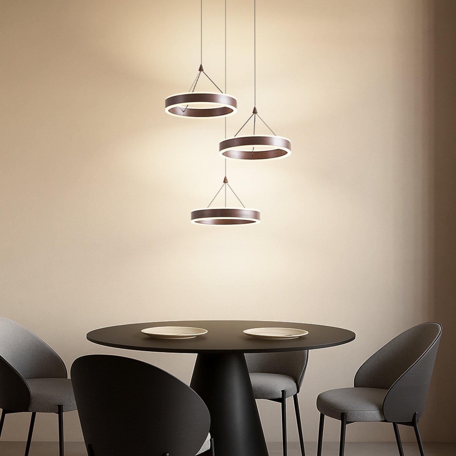Lucande LED-Hängeleuchte Kolo, braun, 3-flg., dimmbar