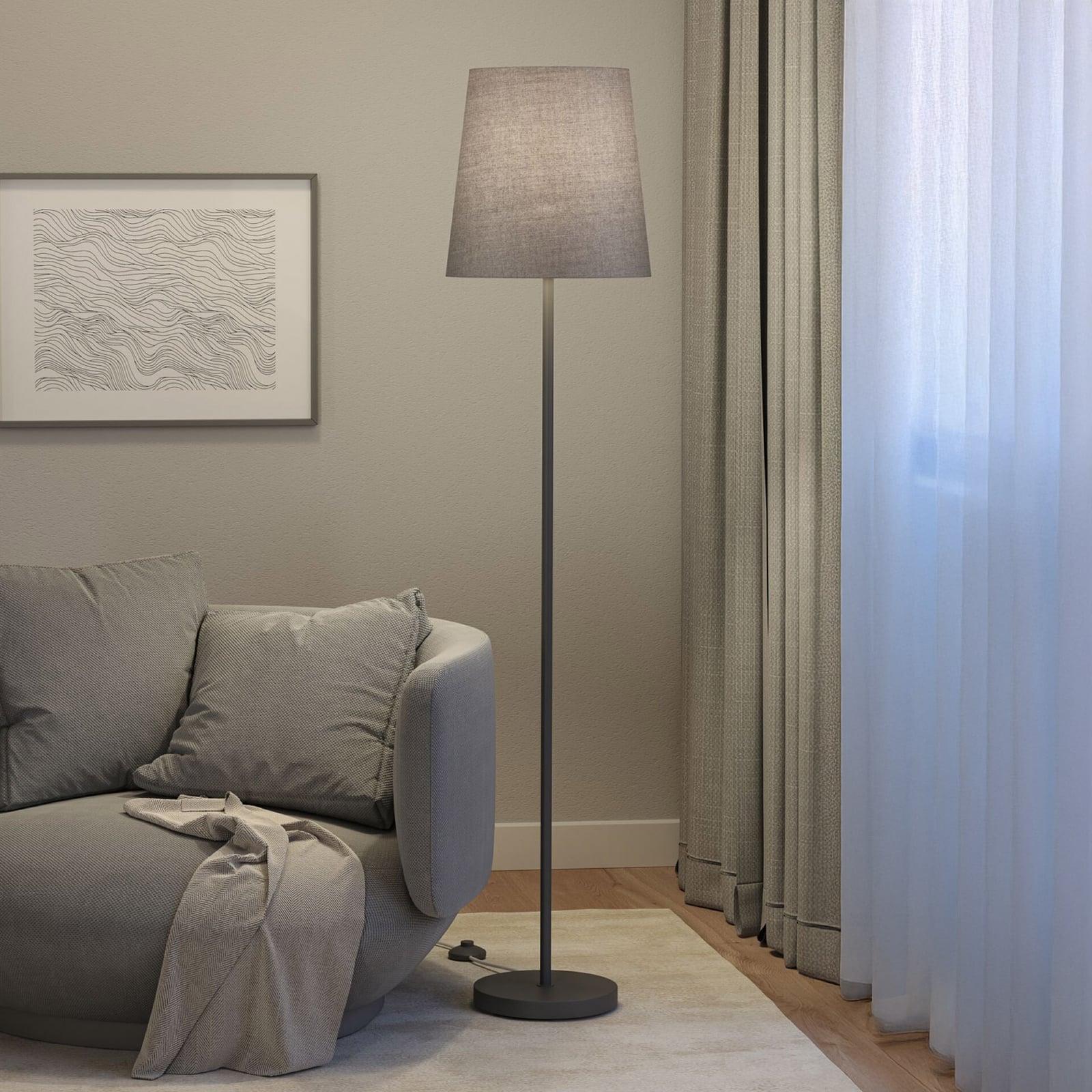 Paulmann vloerlamp Stellan, grijs, hoogte 161 cm, stof/metaal