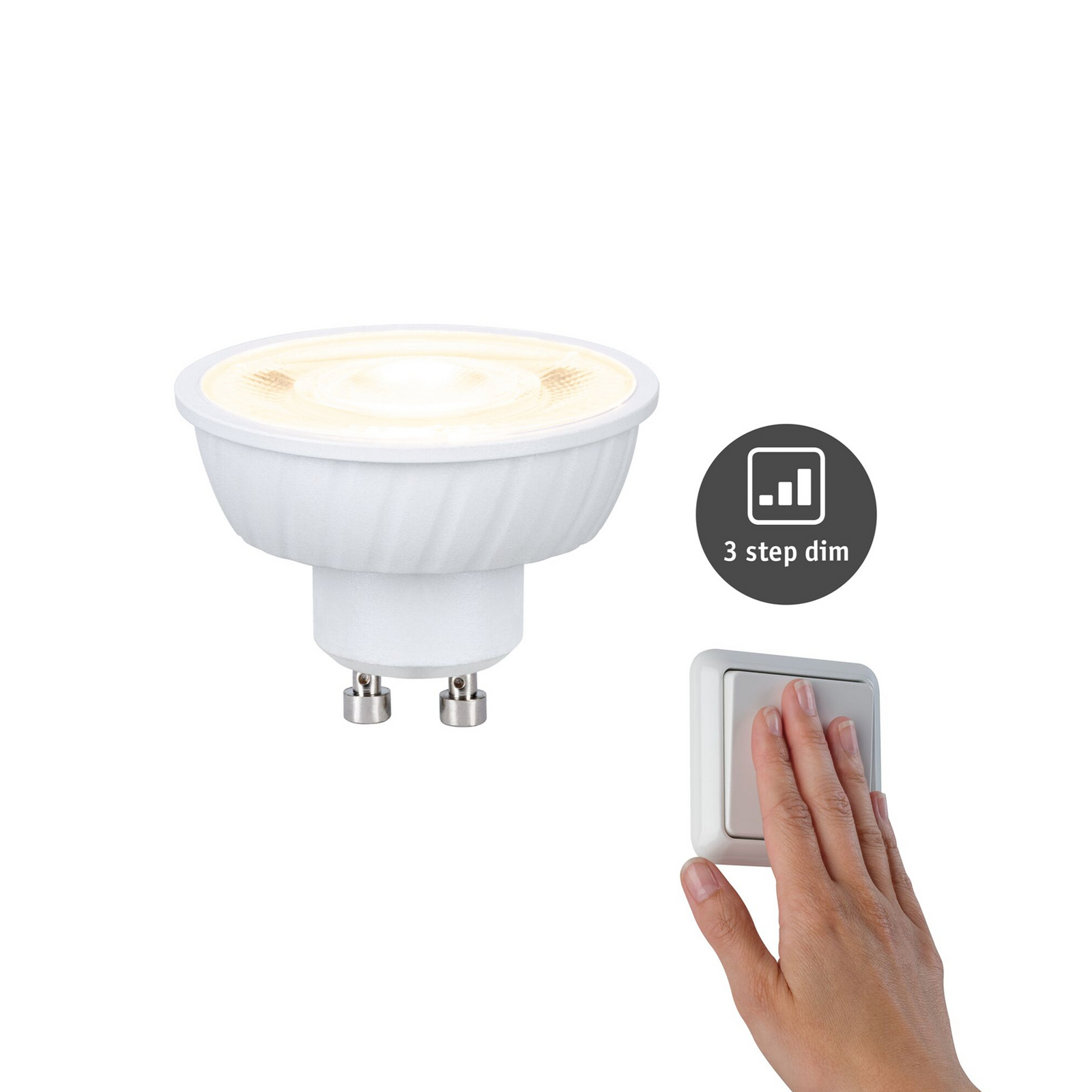 Lâmpada LED Paulmann FLAT, GU10, 4,9 W, 2 700 K, regulação contínua Lâmpada LED Paulmann FLAT, GU10, 4,9 W, 2 700 K, regulação contínua