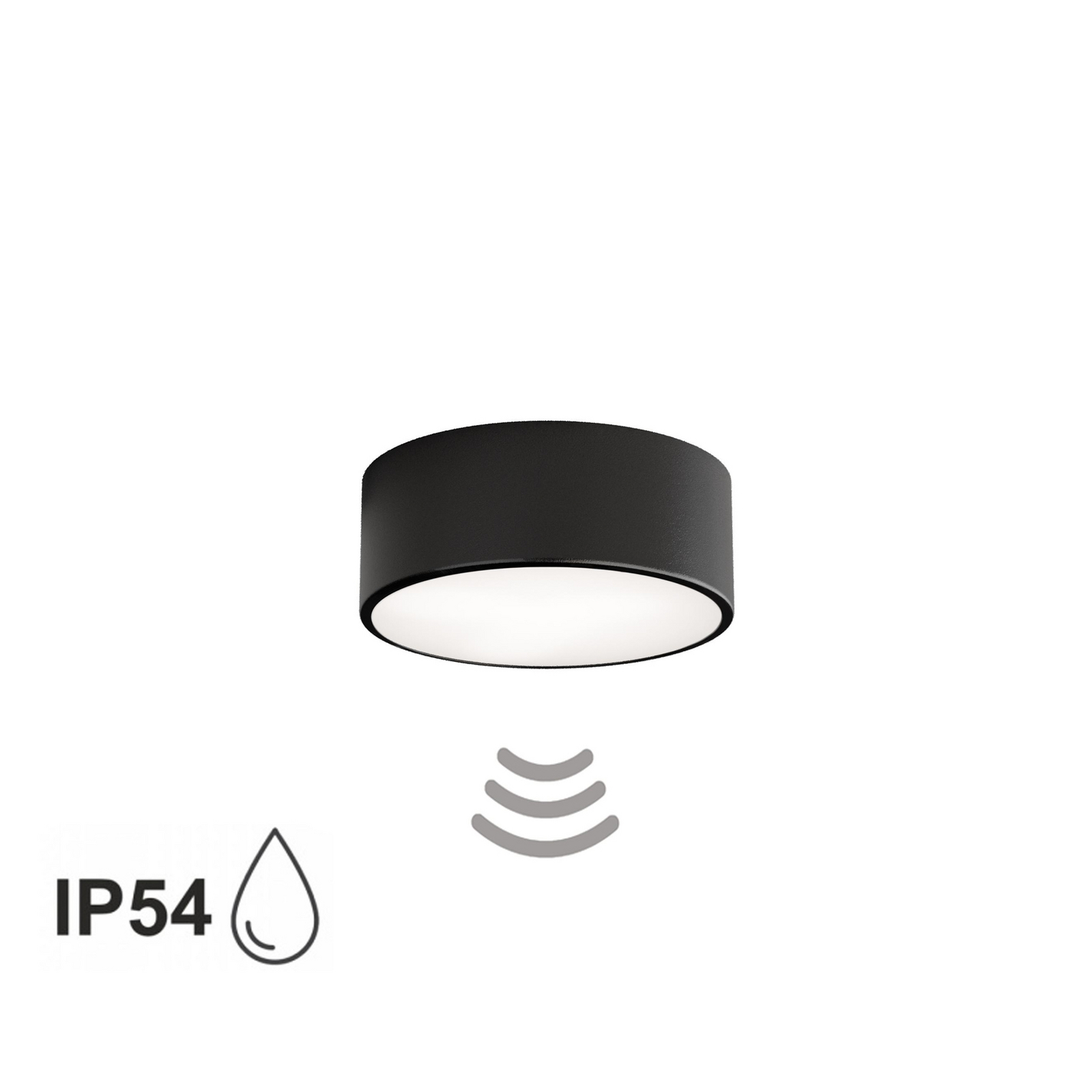 Deckenlampe Cleo 200, schwarz, Sensor, IP54, Ø 20 cm, Metall