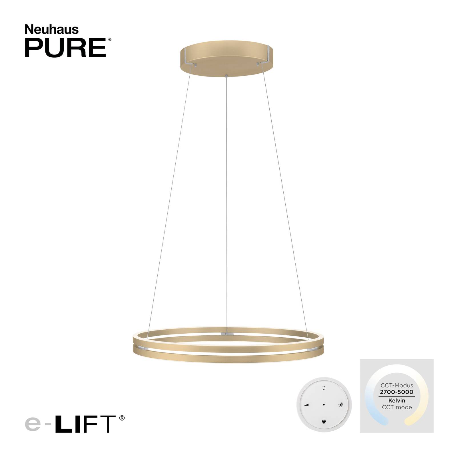 Lampa wisząca PURE LED E-Loop, mosiądz, Ø 70 cm aluminium CCT