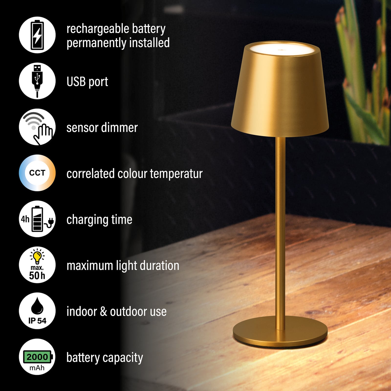 LED tafellamp Roxi, goudkleurig, metaal, IP54, dimbaar