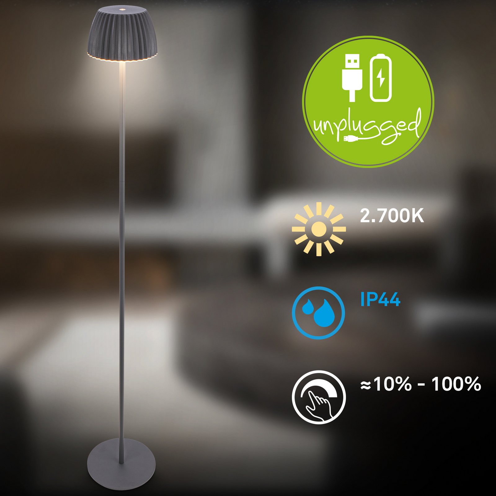 Lampadaire LED rechargeable Brilo unplugged Riffle, anthracite