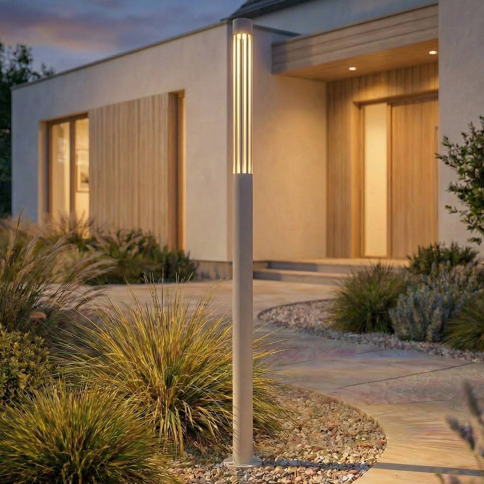 Bornes lumineuses LED Lindby Fjorya, hauteur 90 cm, gris pierre, IP65