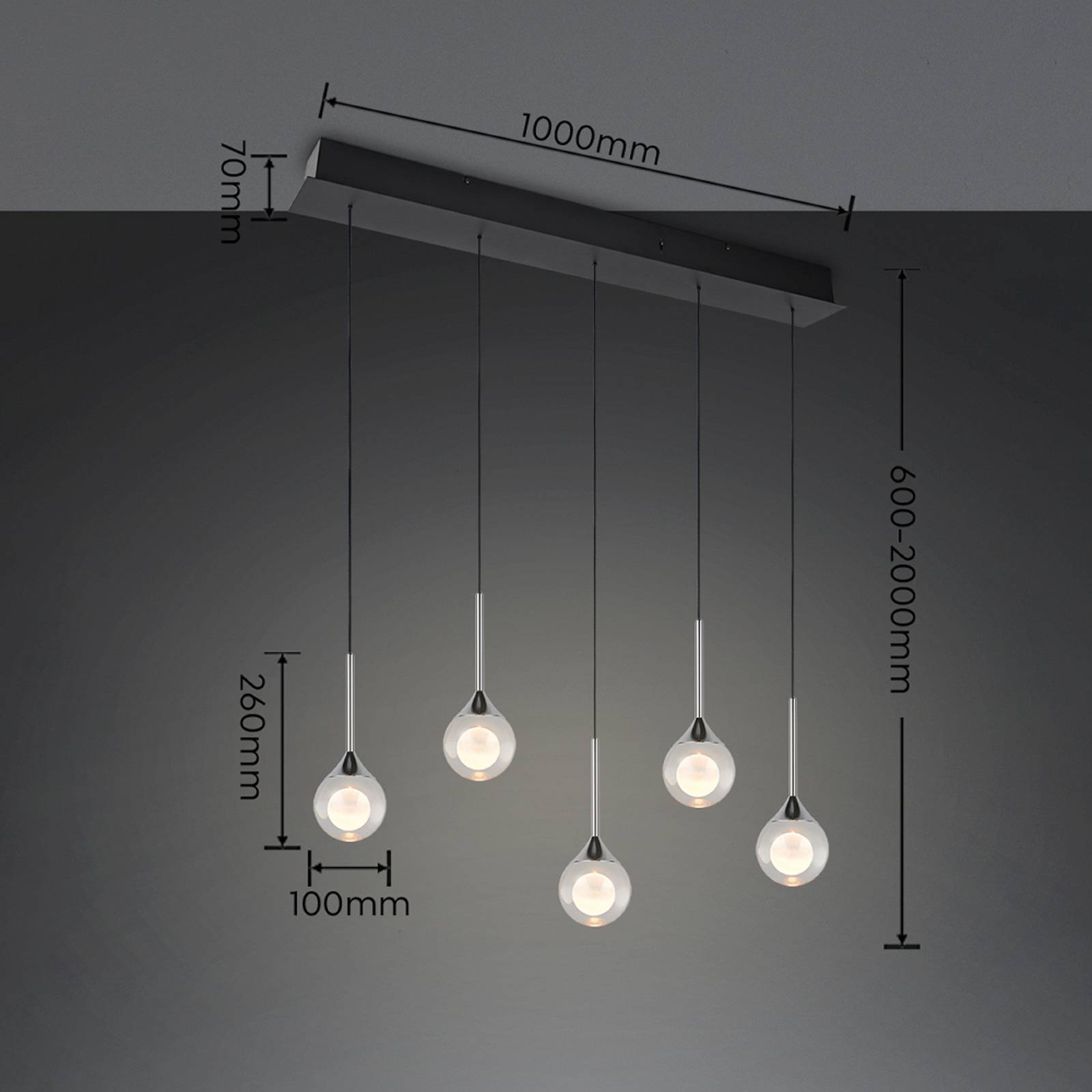 LED-pendellampe Calista, krom, lengde 100 cm, metall/glass, 5 lyskilder