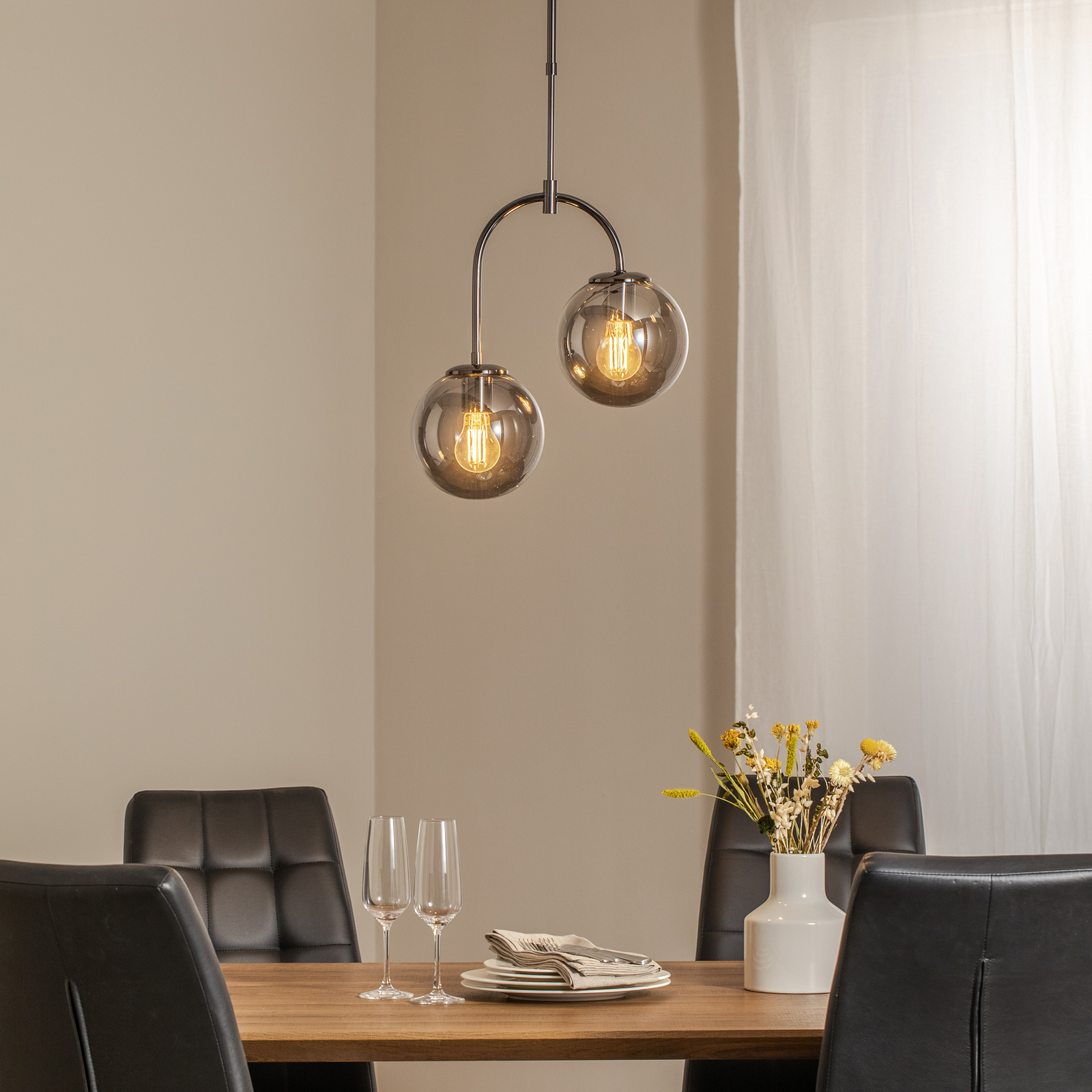 Portemo pendant light, smoky grey/nickel, Ø 37 cm, 2-bulb glass
