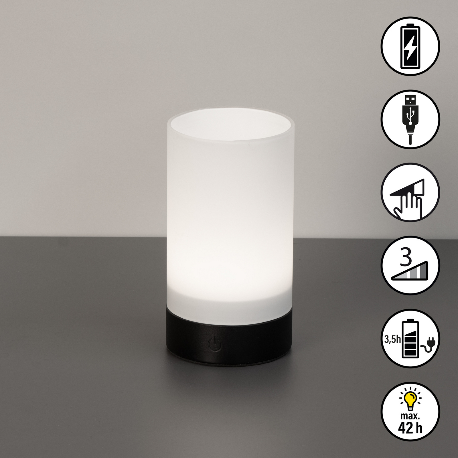 Fenya LED rechargeable table lamp, black/opaque matt Height 14 cm IP54