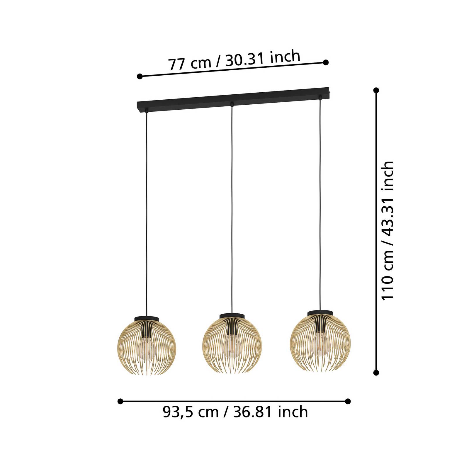 Lampa wisząca Venezuela, czarny/złoty, 3-punktowa