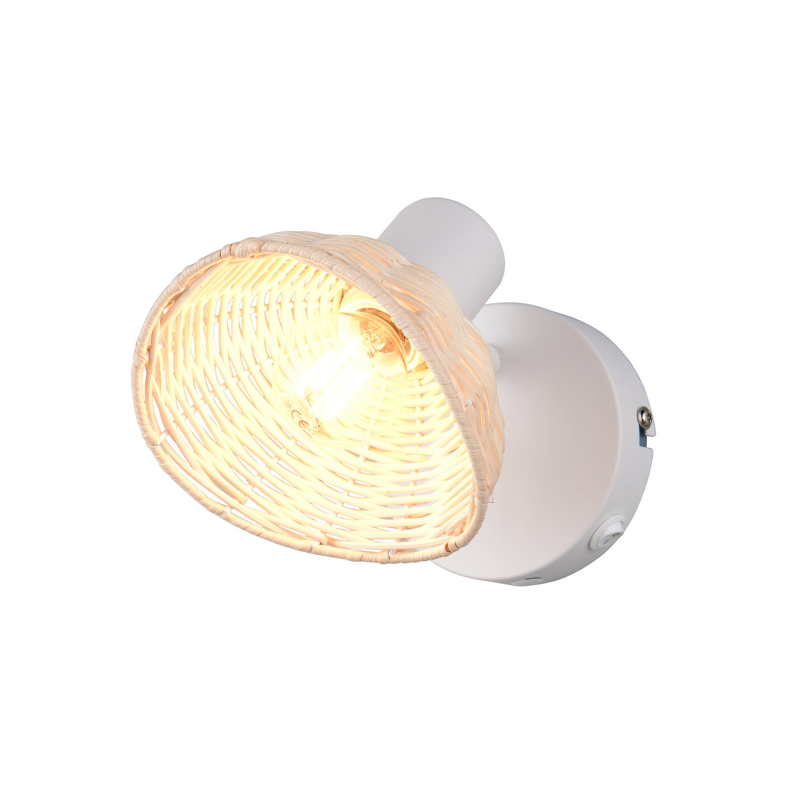 Aplică de perete Calvi, albă, ratan natural, Ø 13 cm, întrerupător