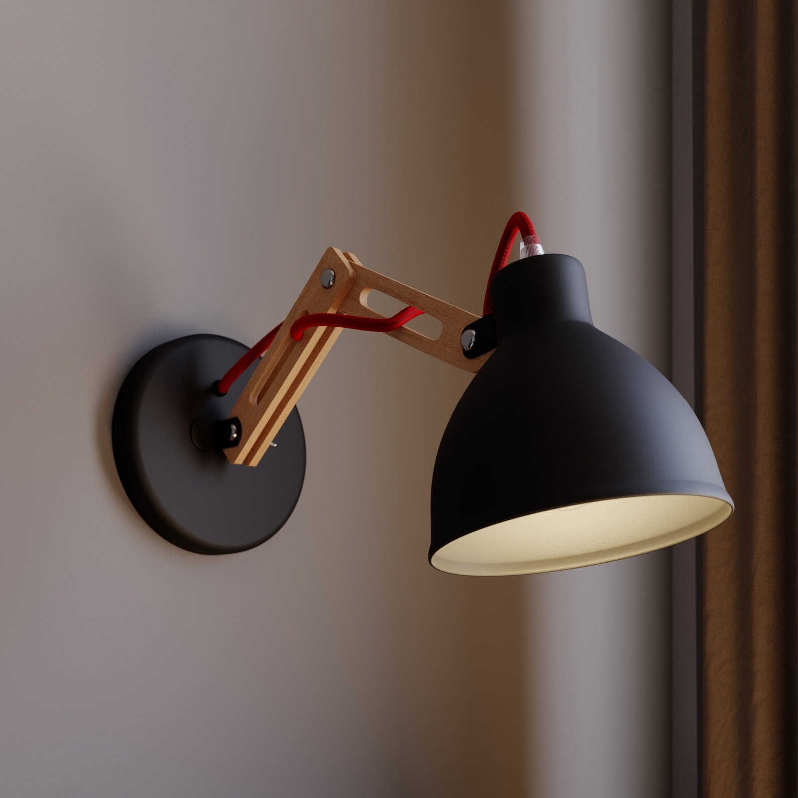 Skansen wall lamp, adjustable wooden arm, black