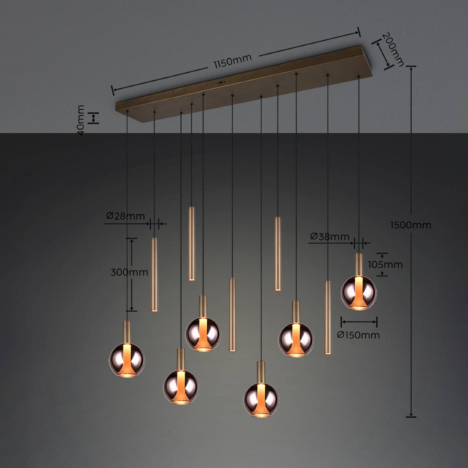 LED-hengelampe Melaro, 120 cm platina, metall/glass, 11 lyskilder