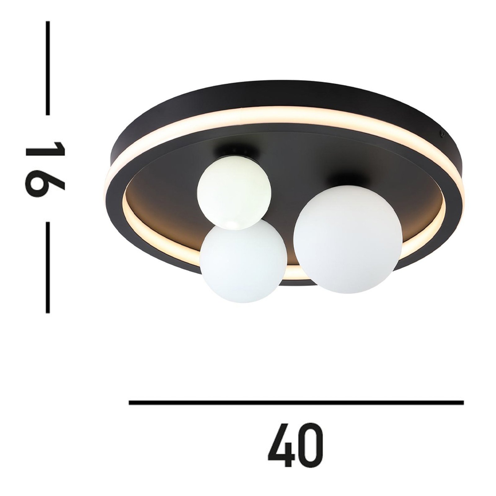 LED ceiling light Trident, black, Ø 40 cm, steel/opal glass