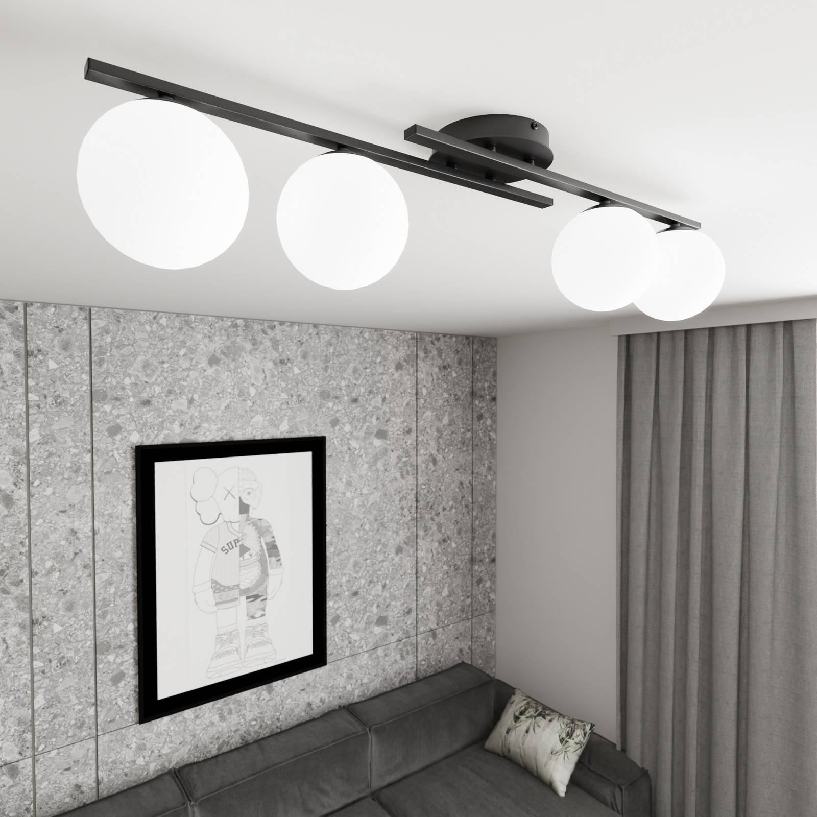 Lampa sufitowa Kairo, czarna/opalowa, długość 87 cm, 4-punktowa.