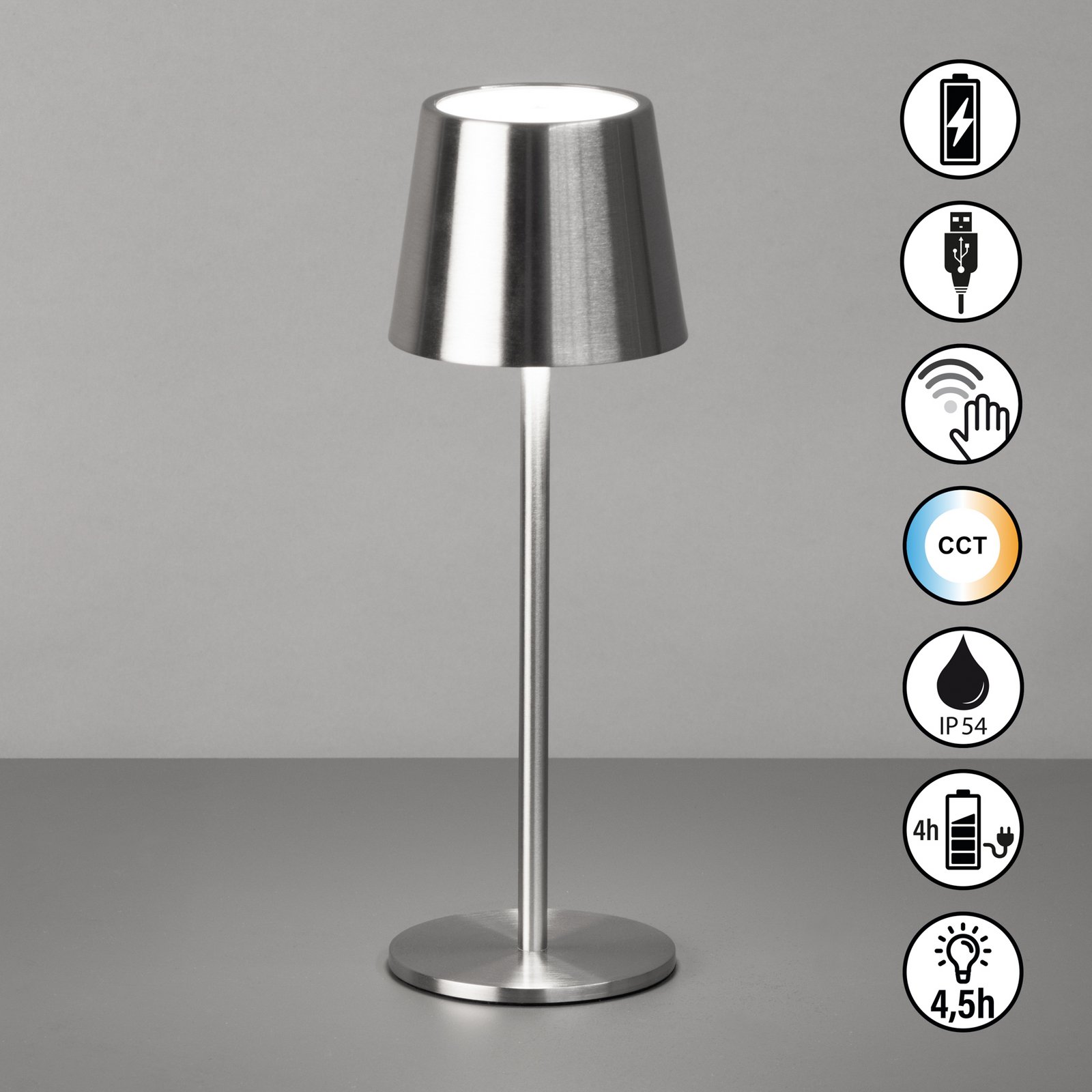 LED-Akku-Tischlampe Roxi, nickelfarben, Metall, IP54, Dimmer
