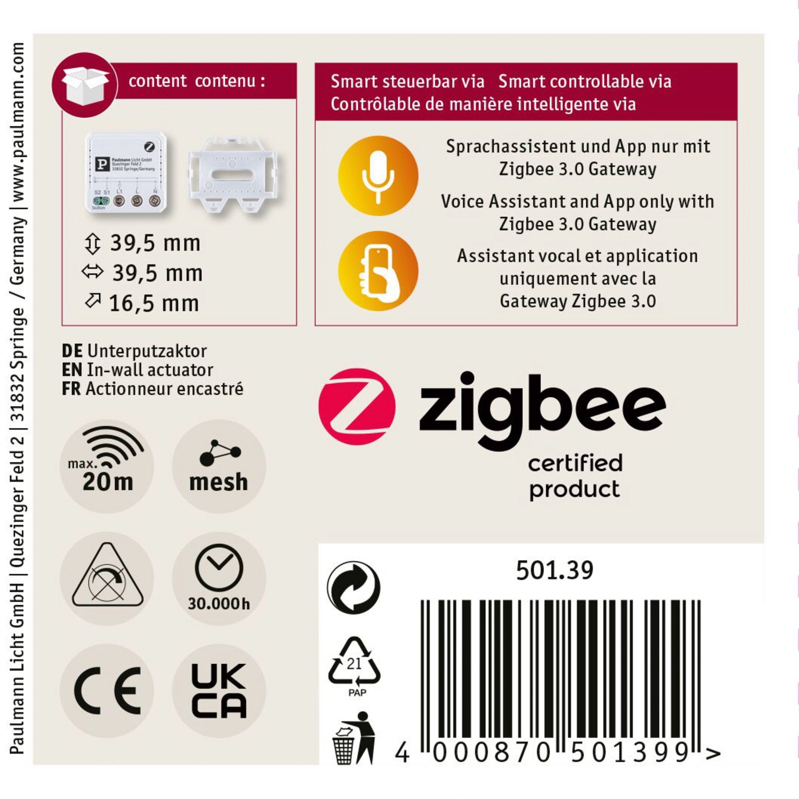 Paulmann Smart flush-mounted actuator, Zigbee 3.0, white, IP20