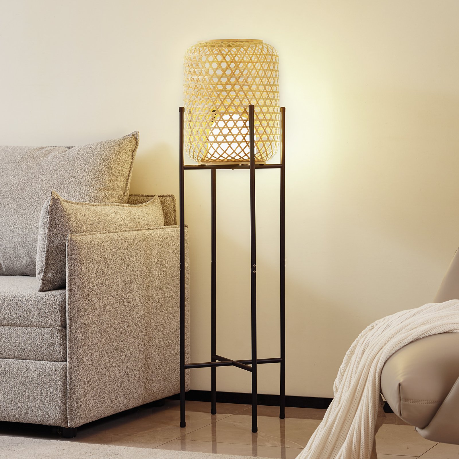 Lucande LED rechargeable floor lamp Adebi, black, bamboo, Ø32.5cm