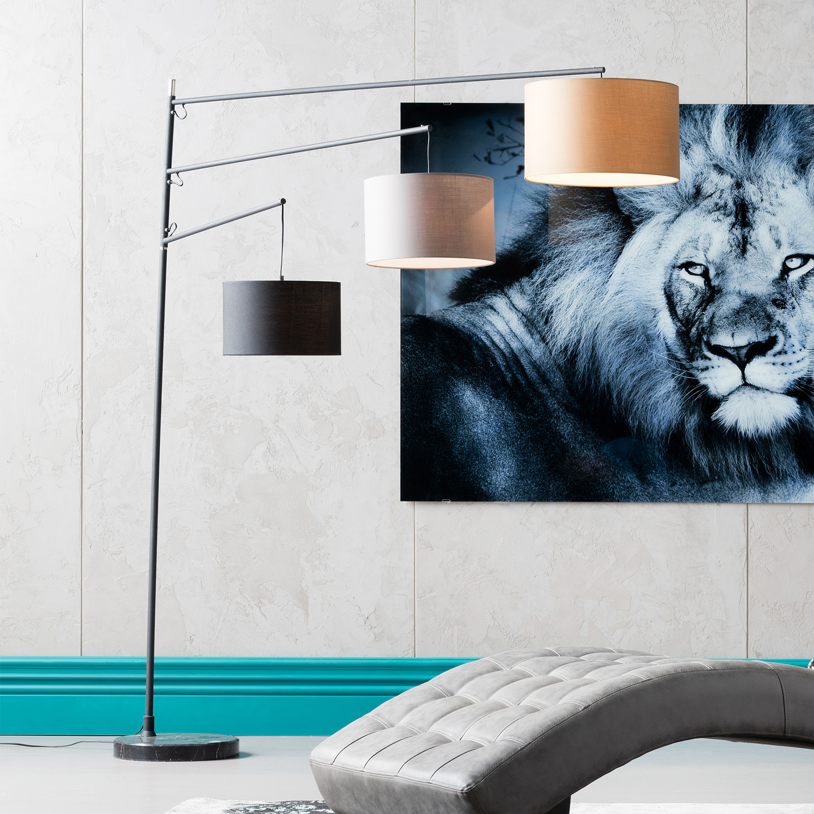 Kare KARE Lemming Tree - three-bulb fabric floor lamp, for Living / Dining Room, cotton, terylene, steel, marble, E27, 60 W, energy efficiency: A++, W: 40 cm, H: 199 cm