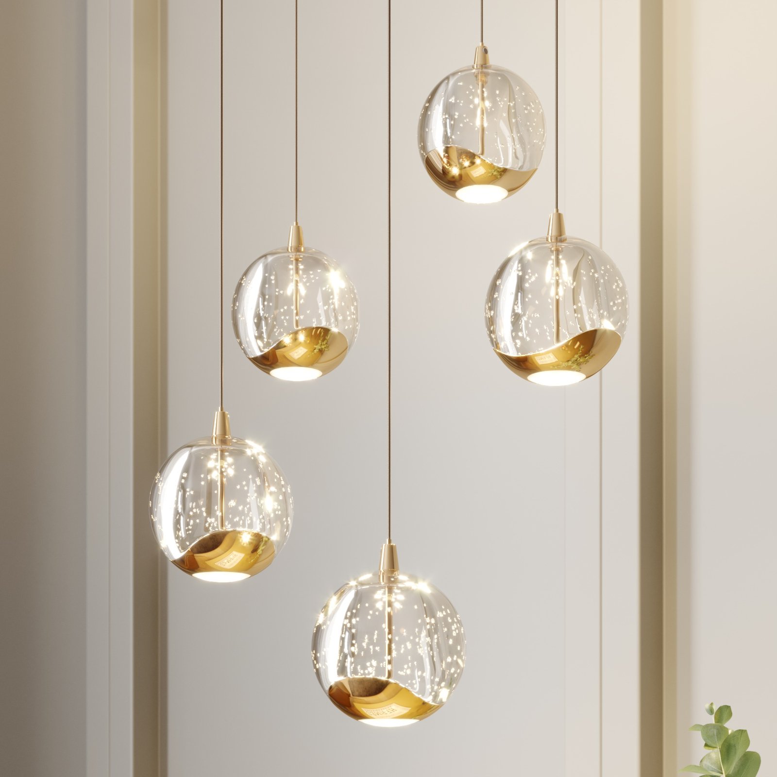 LED-pendellampe Hayley, 5 lyskilder, rund, gull
