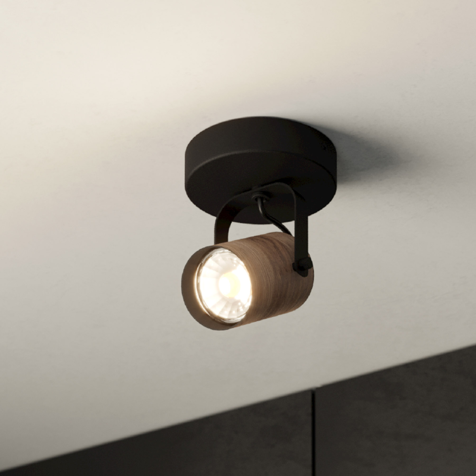 Cayuca downlight, black/wood decor, one-bulb