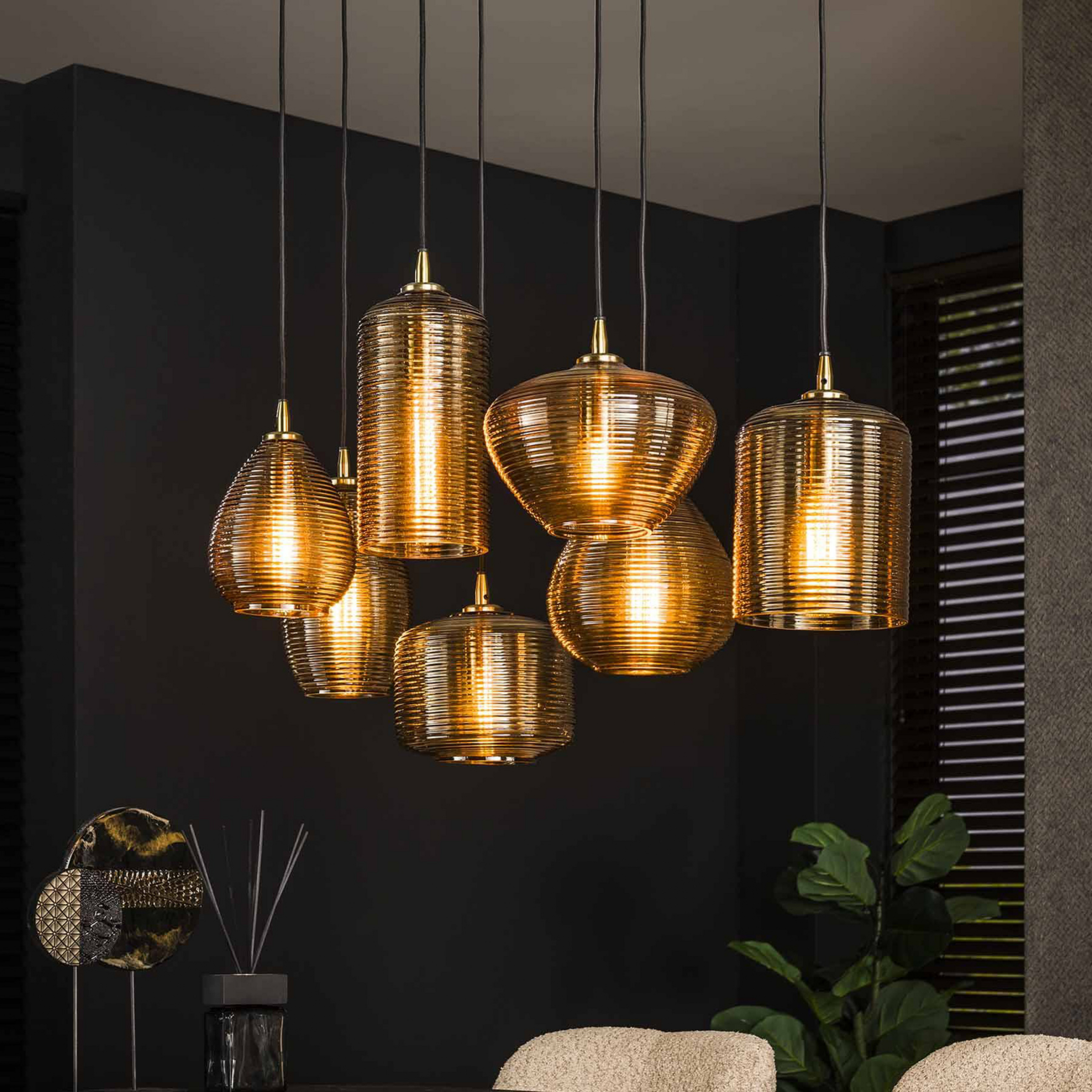 Suspension Stripeglass mix, à 7 lampes, verre, ambre, anthracite