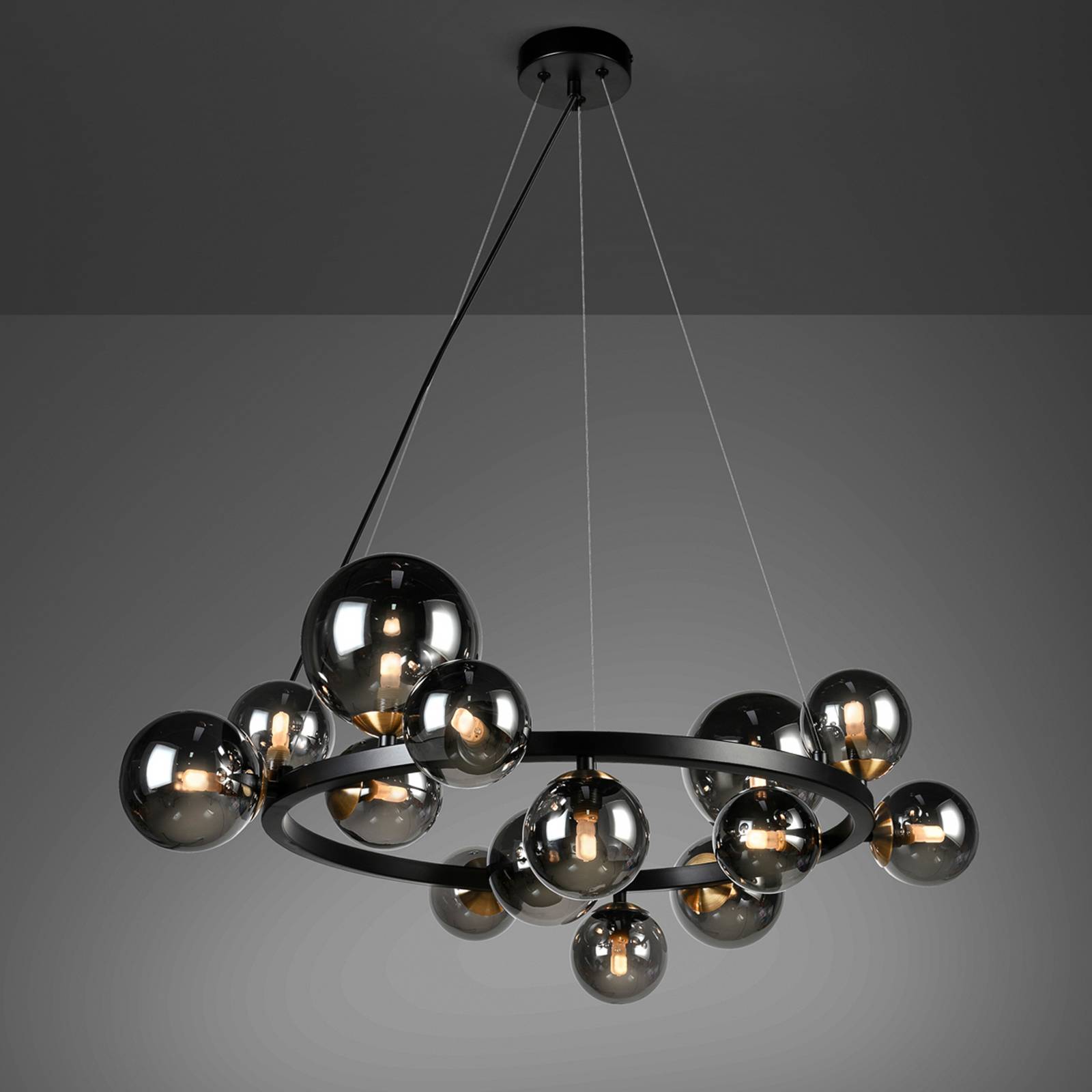 Lampa wisząca Astros, 14 świateł, czarna, przydymione szare szkło