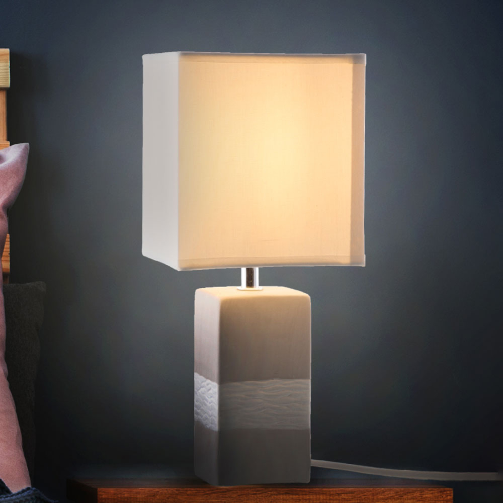 Nino Leuchten Creto table lamp with angular lampshade and base, for Living / Dining Room, fabric, ceramic, E14, 40 W, energy efficiency: A++, L: 14 cm, W: 14 cm, H: 31.5 cm