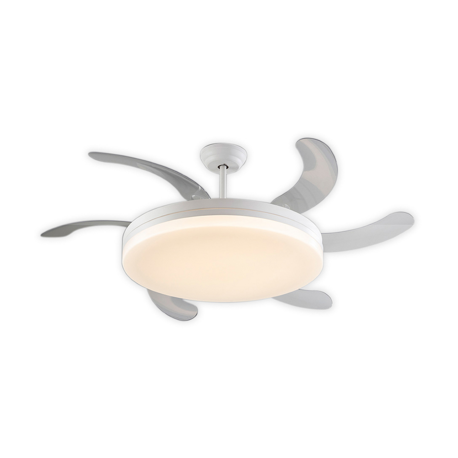 LED stropni ventilator Vento bel/prozoren, DC Ø 150 cm tih